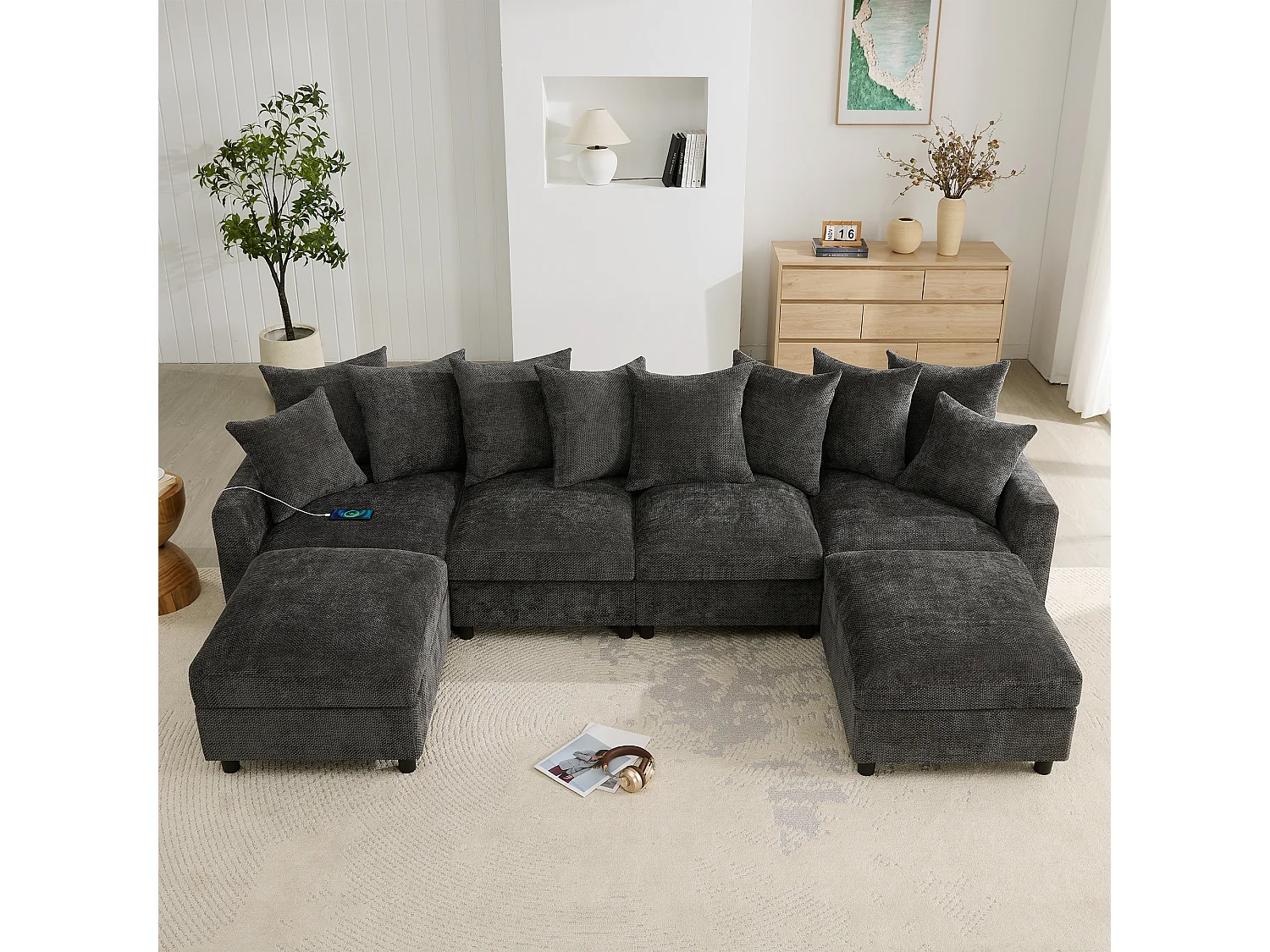 Canapé d’angle 6 places en U/L 283x153.5x78.5cm,2 poufs mobiles,USB/Type-C,coussins,chenille, gris