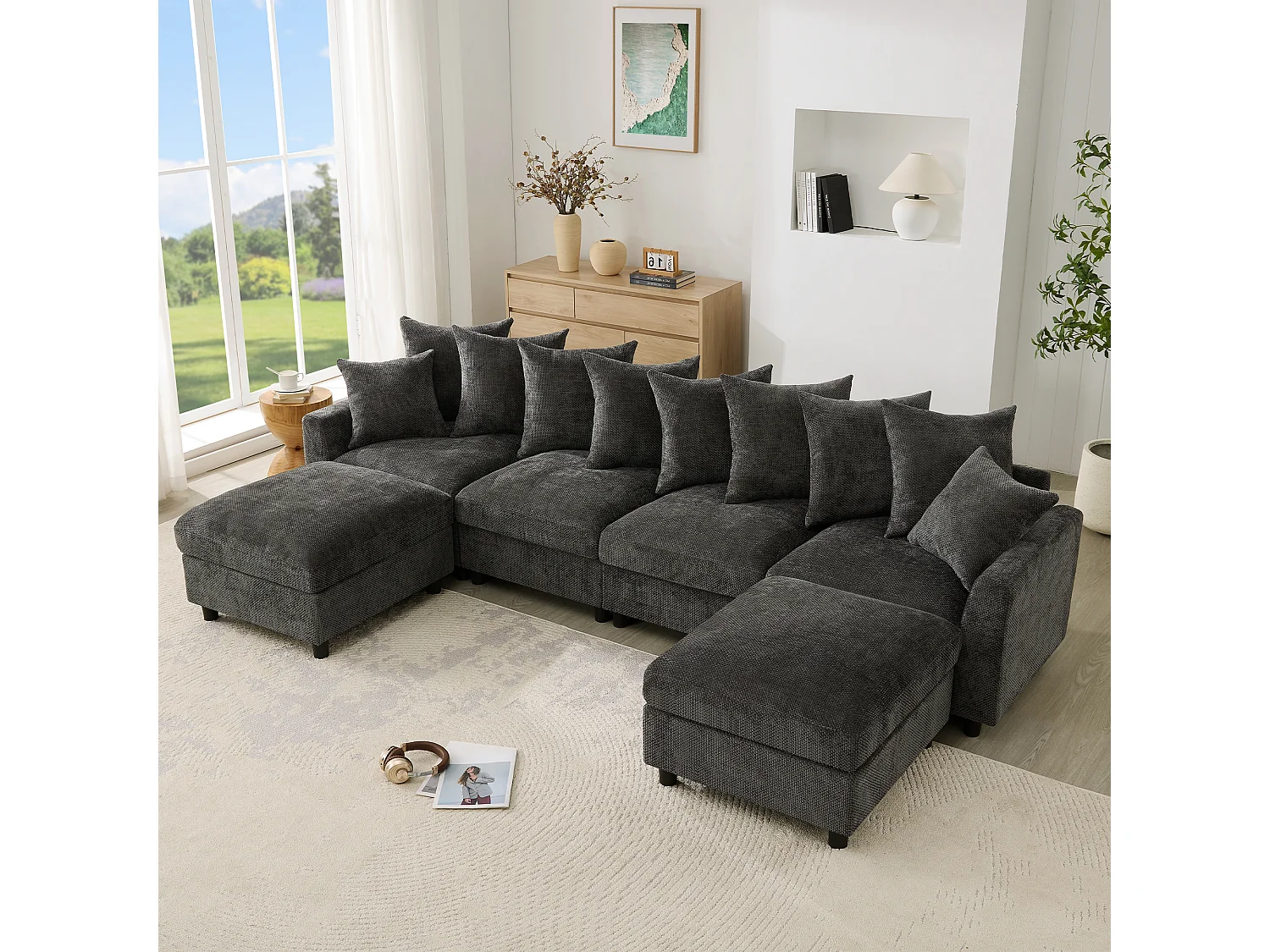 Canapé d’angle 6 places en U/L 283x153.5x78.5cm,2 poufs mobiles,USB/Type-C,coussins,chenille, gris