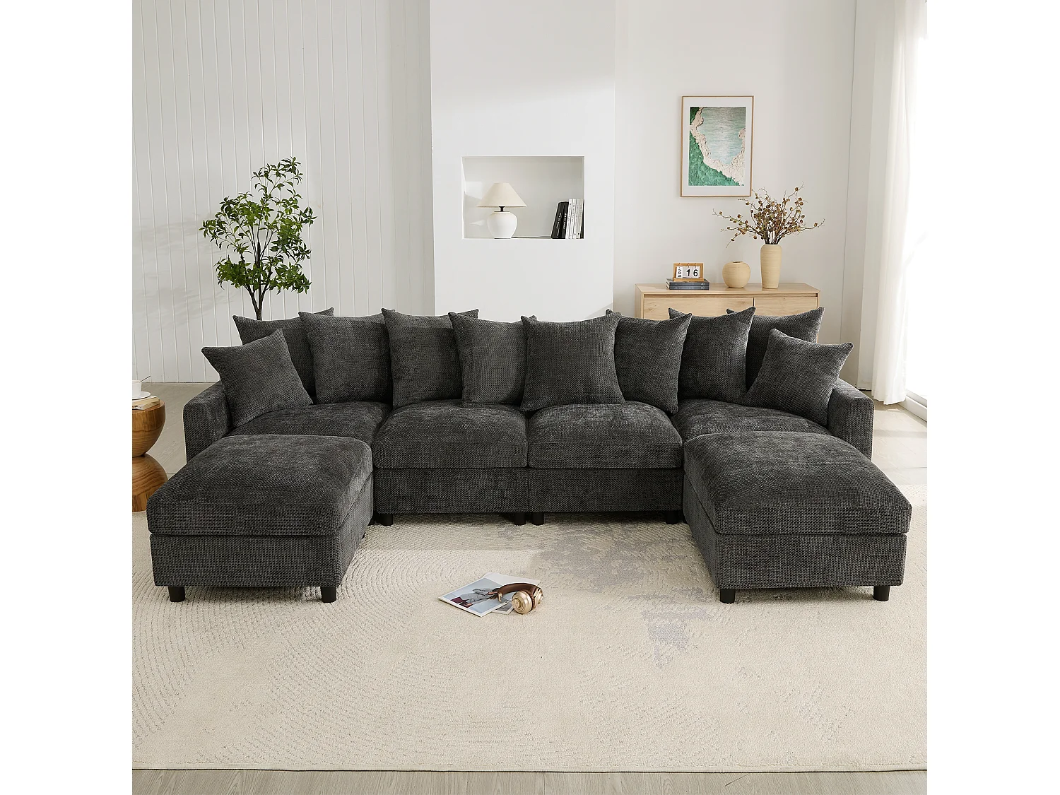 Canapé d’angle 6 places en U/L 283x153.5x78.5cm,2 poufs mobiles,USB/Type-C,coussins,chenille, gris