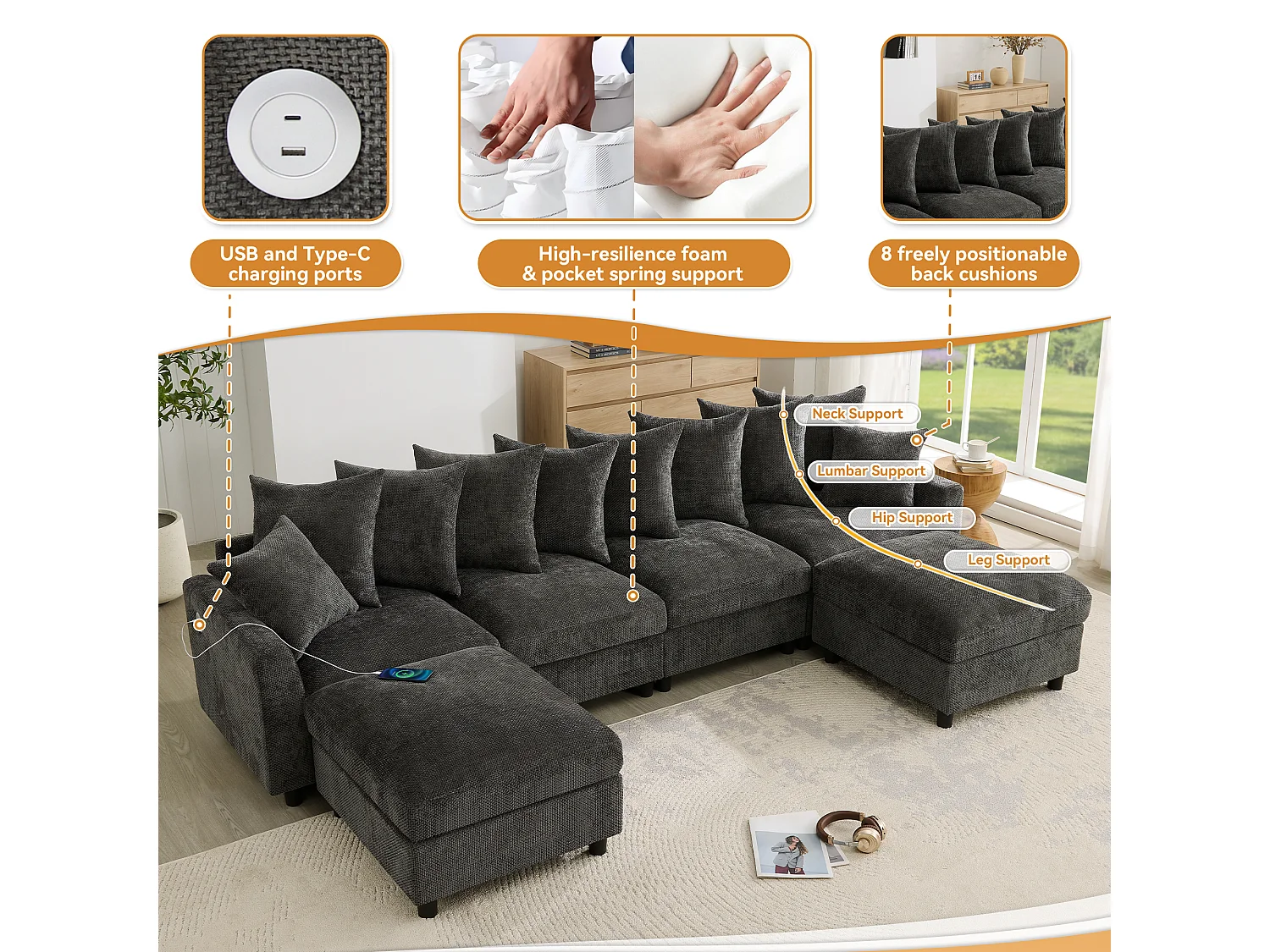 Canapé d’angle 6 places en U/L 283x153.5x78.5cm,2 poufs mobiles,USB/Type-C,coussins,chenille, gris
