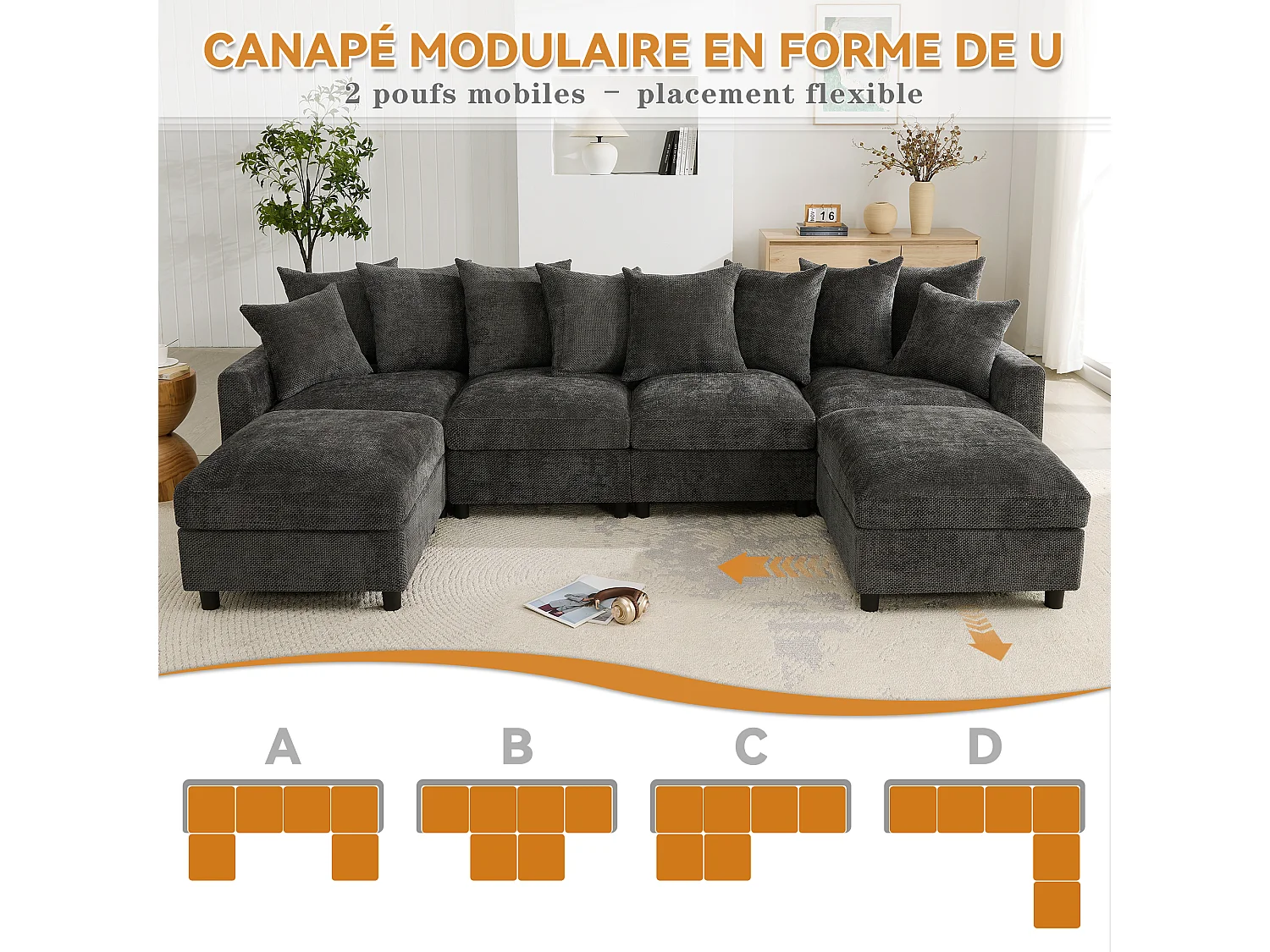 Canapé d’angle 6 places en U/L 283x153.5x78.5cm,2 poufs mobiles,USB/Type-C,coussins,chenille, gris