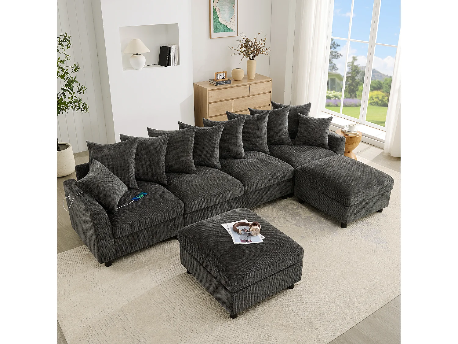 Canapé d’angle 6 places en U/L 283x153.5x78.5cm,2 poufs mobiles,USB/Type-C,coussins,chenille, gris
