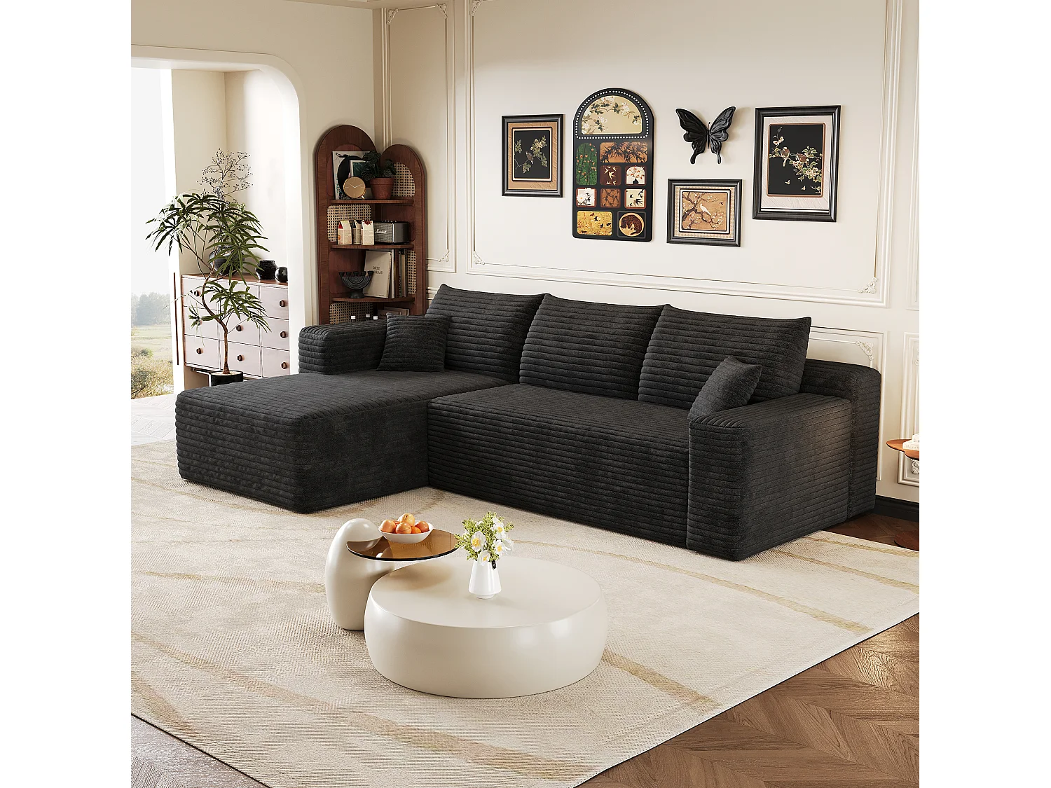 Canapé d’angle L 241x151x58 cm style Cloud, grand confort, assise profonde, canapé salon moderne noir