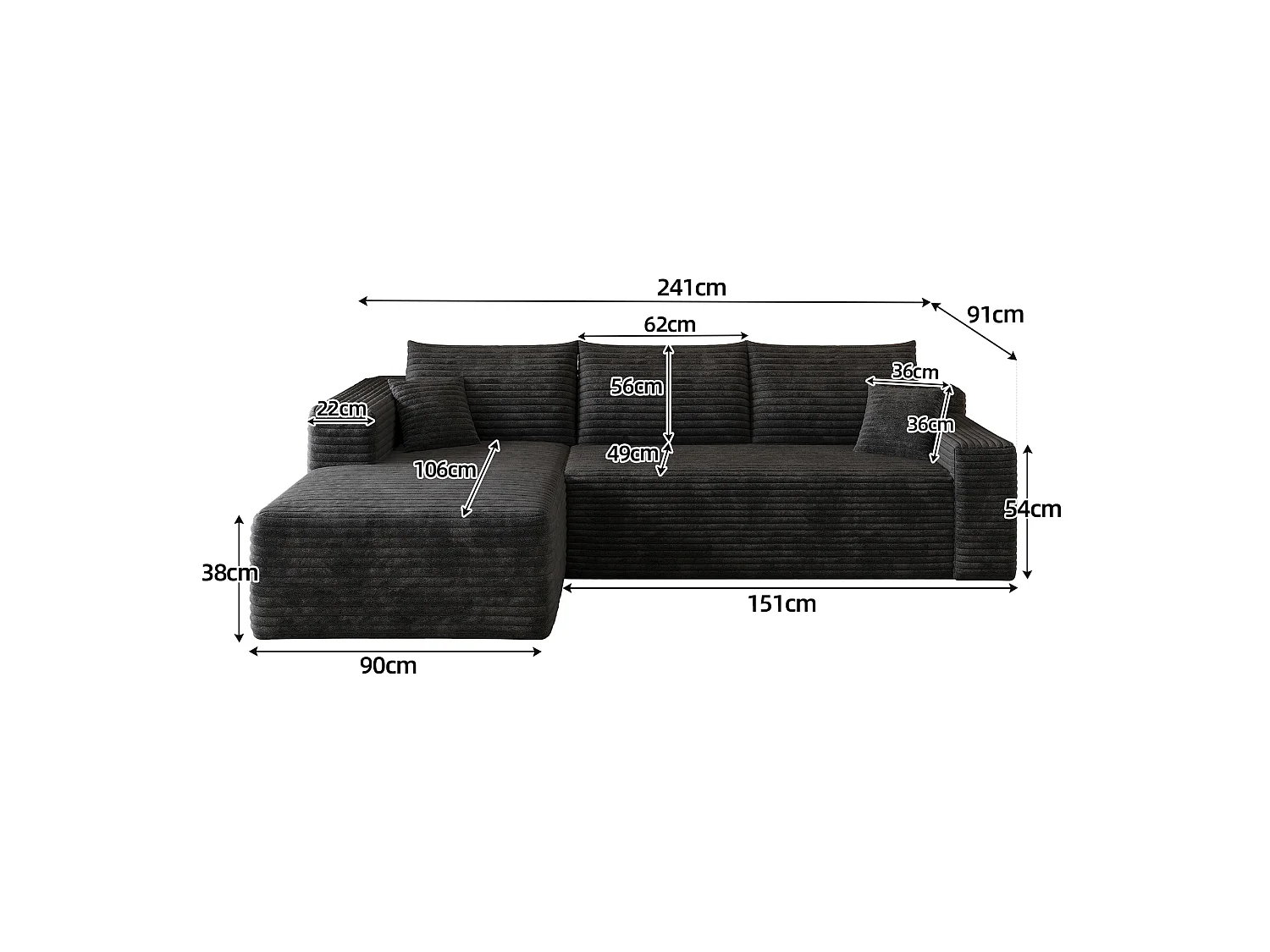 Canapé d’angle L 241x151x58 cm style Cloud, grand confort, assise profonde, canapé salon moderne noir