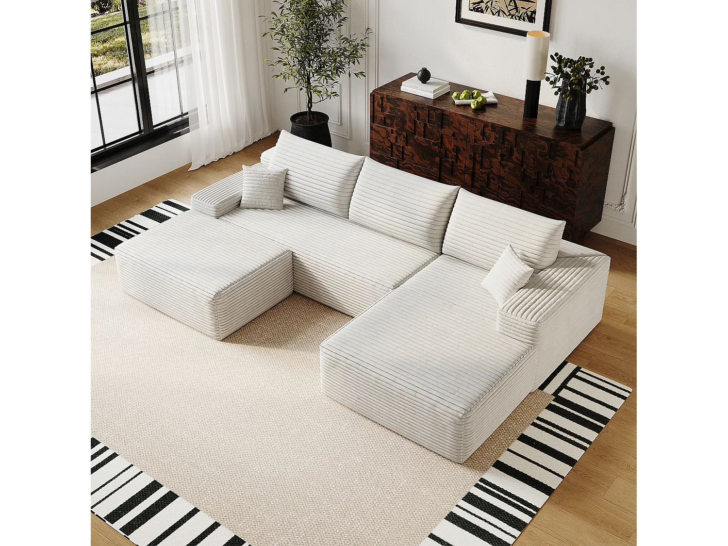 Canapé d'angle modulable 270x175x83 cm en L - mousse sans montage avec assise profonde et méridienne - Velours côtelé - blanc