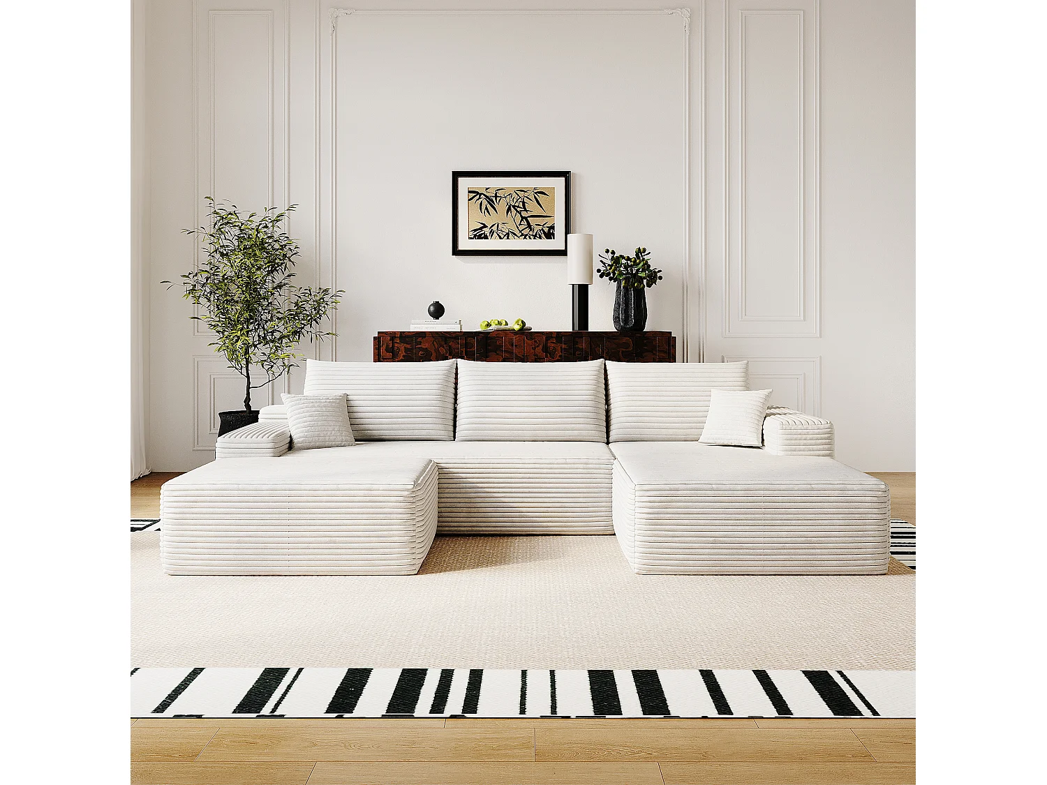 Canapé d'angle modulable 270x175x83 cm en L - mousse sans montage avec assise profonde et méridienne - Velours côtelé - blanc