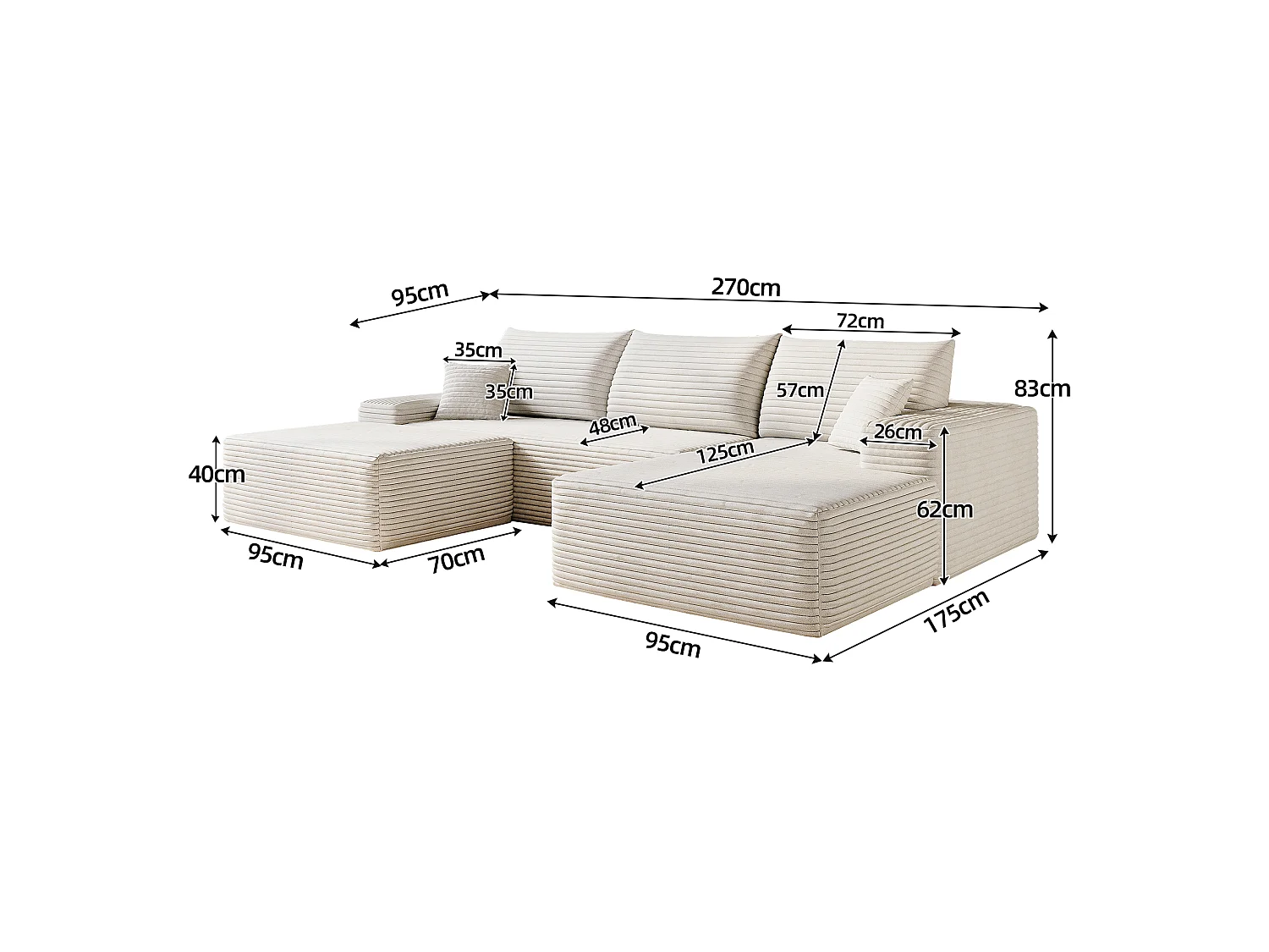 Canapé d'angle modulable 270x175x83 cm en L - mousse sans montage avec assise profonde et méridienne - Velours côtelé - blanc