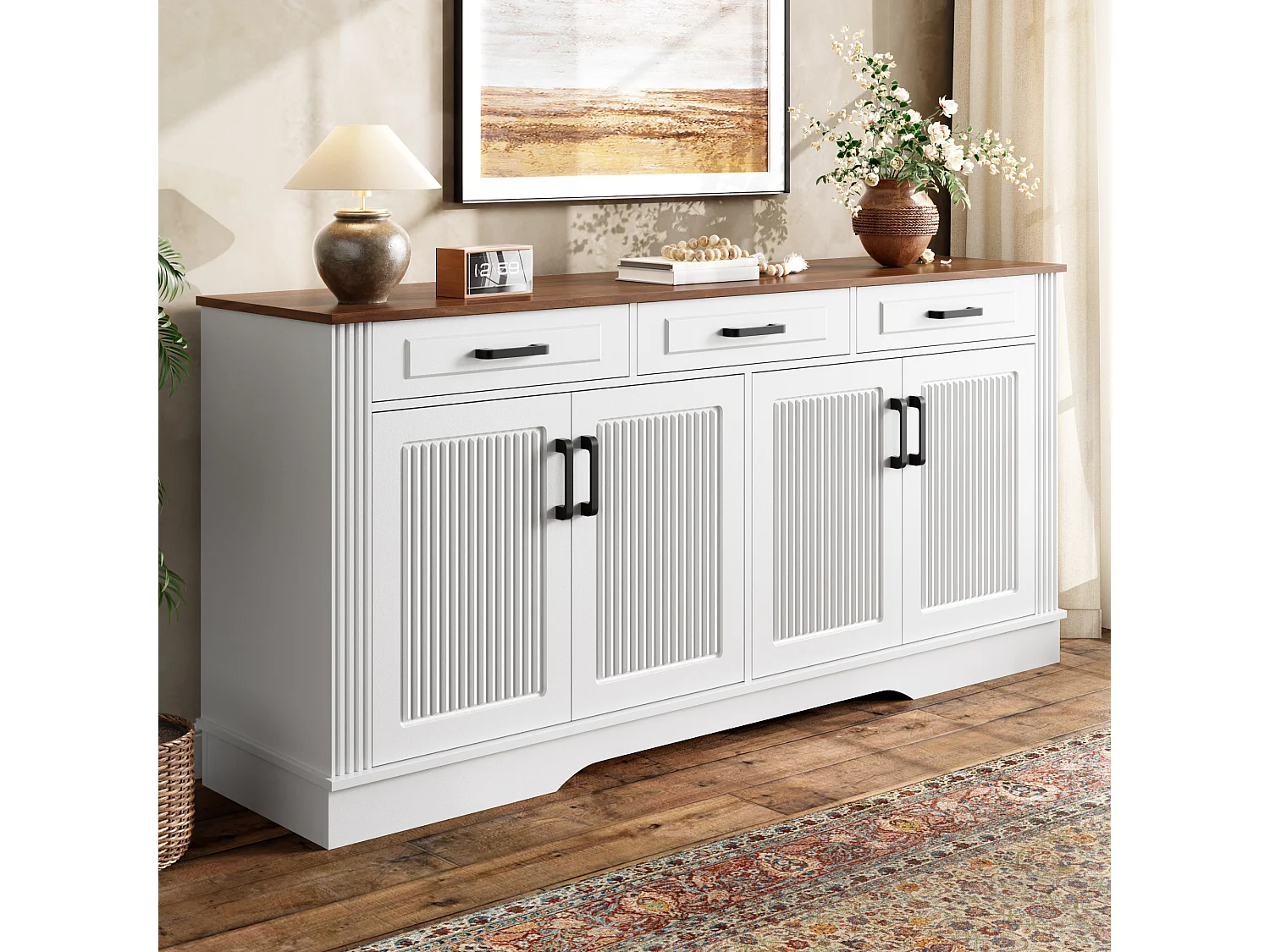 Buffet bas 160x40x75 cm, 3 tiroirs, 4 portes, stries verticales 3D, entrée salon salle à manger, blanc, MDF