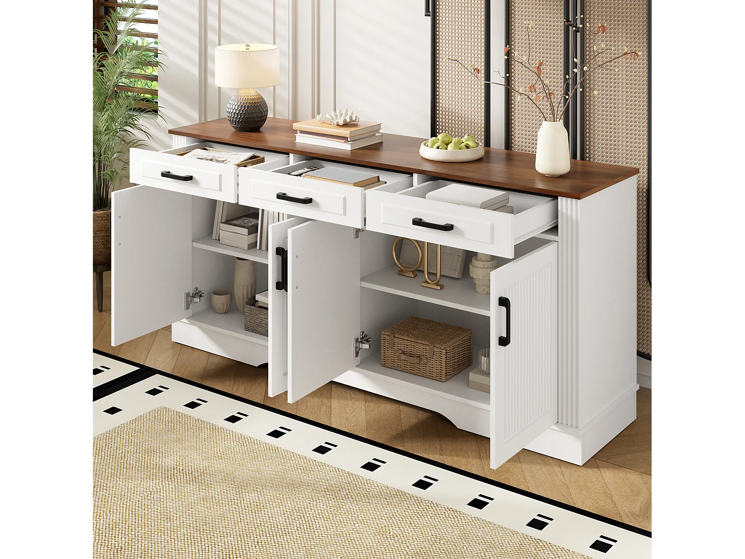 Buffet bas 160x40x75 cm, 3 tiroirs, 4 portes, stries verticales 3D, entrée salon salle à manger, blanc, MDF
