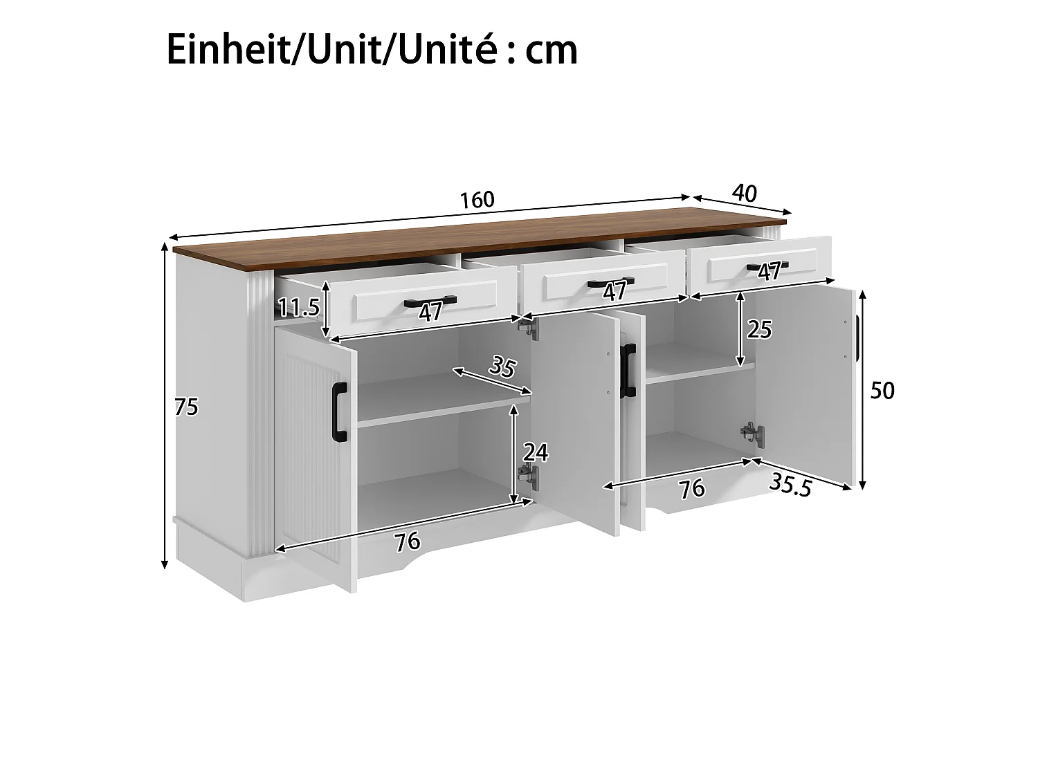 Buffet bas 160x40x75 cm, 3 tiroirs, 4 portes, stries verticales 3D, entrée salon salle à manger, blanc, MDF