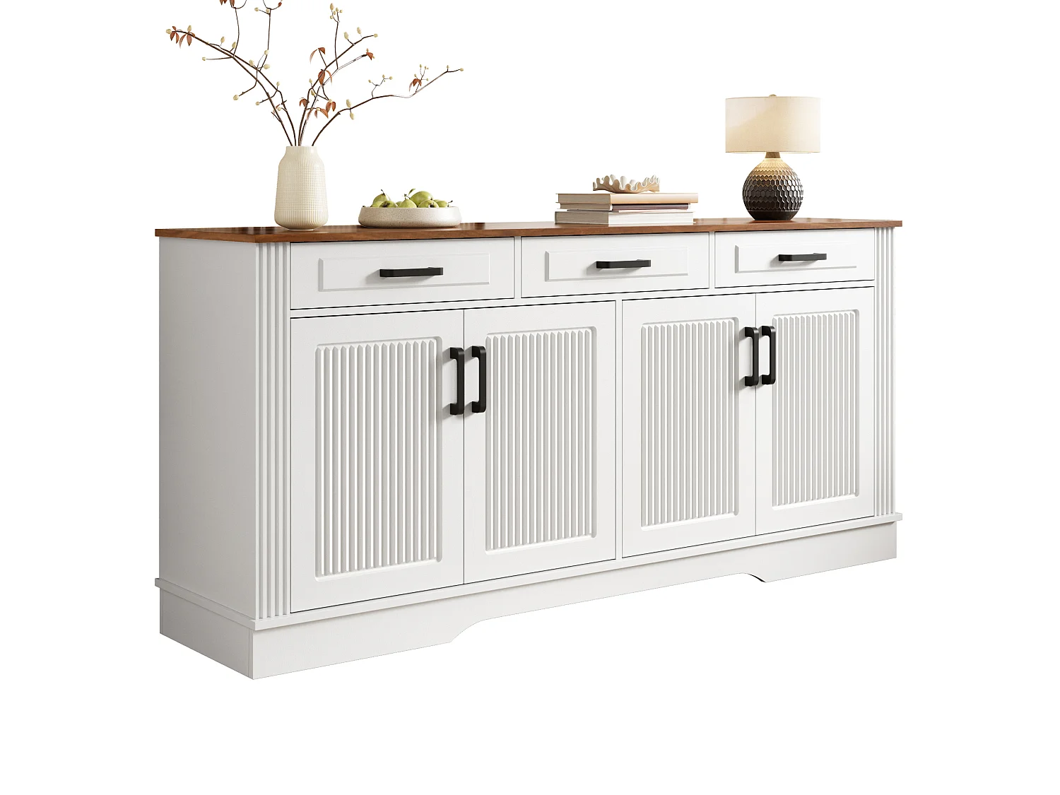 Buffet bas 160x40x75 cm, 3 tiroirs, 4 portes, stries verticales 3D, entrée salon salle à manger, blanc, MDF
