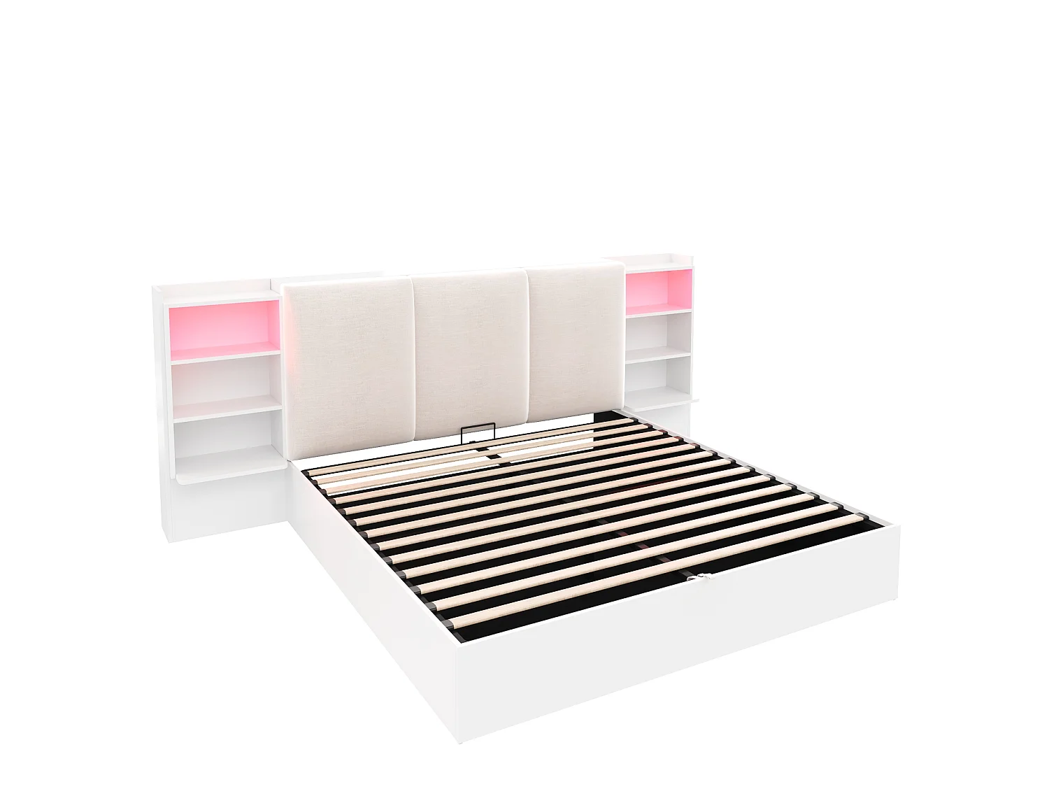 Lit coffre rembourrée 180x200 cm Lit double avec LED, rangement hydraulique, 6 compartiments, blanc