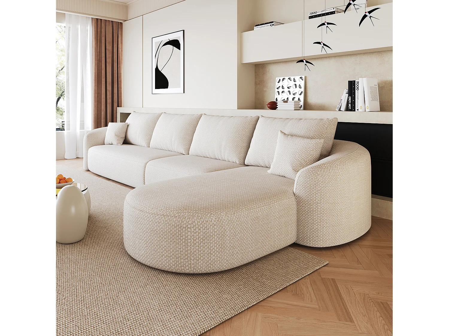 Canapé d’angle fixe 5 places 336x168x85 cm, canapé sans montage avec méridienne droite, mousse, tissu chenille blanc