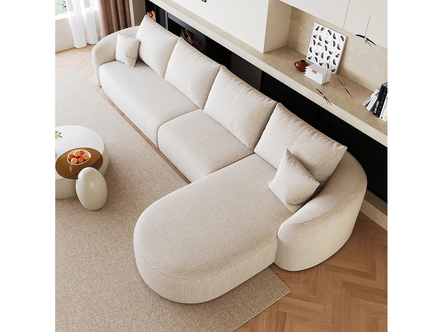 Canapé d’angle fixe 5 places 336x168x85 cm, canapé sans montage avec méridienne droite, mousse, tissu chenille blanc