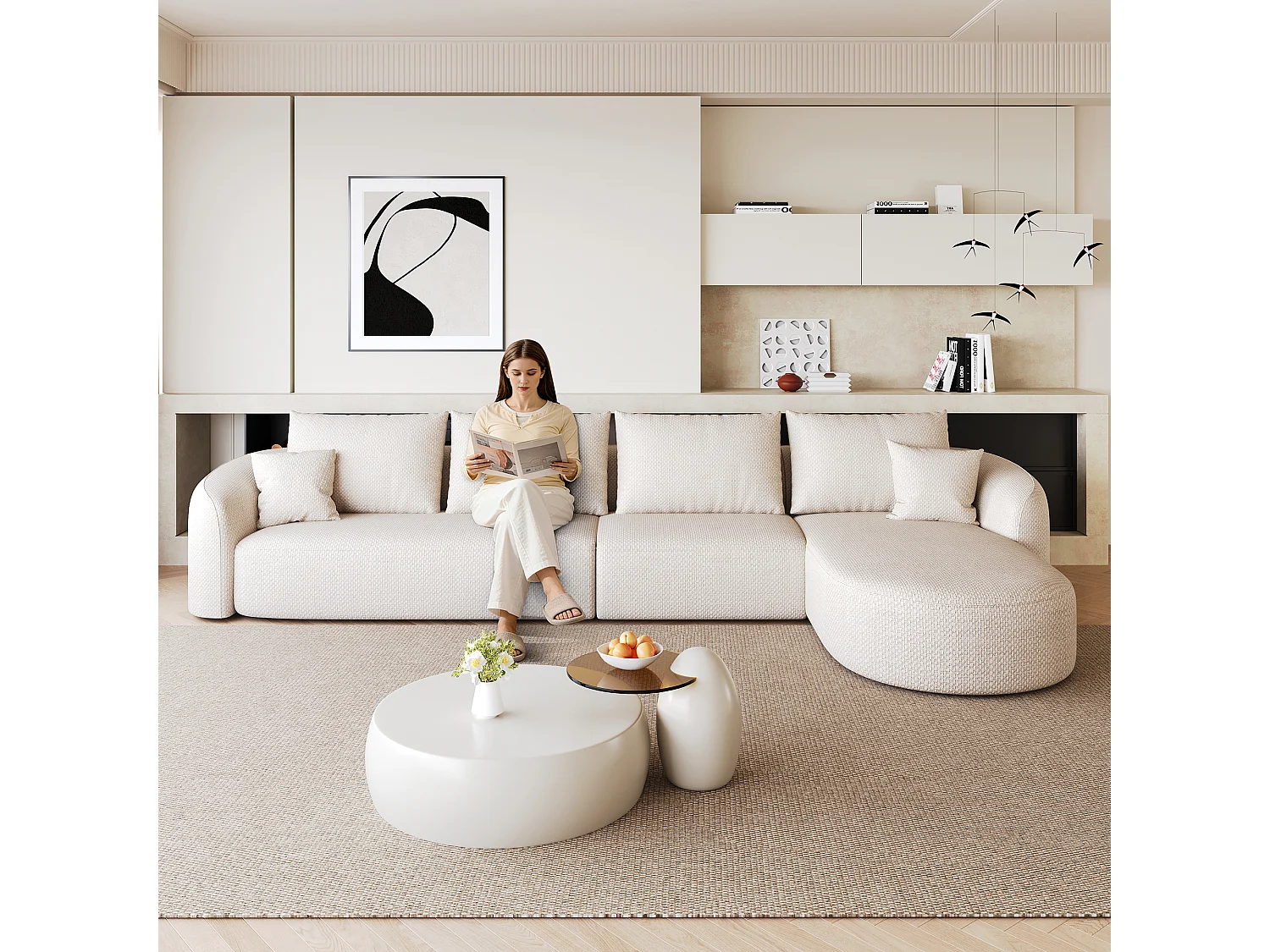 Canapé d’angle fixe 5 places 336x168x85 cm, canapé sans montage avec méridienne droite, mousse, tissu chenille blanc