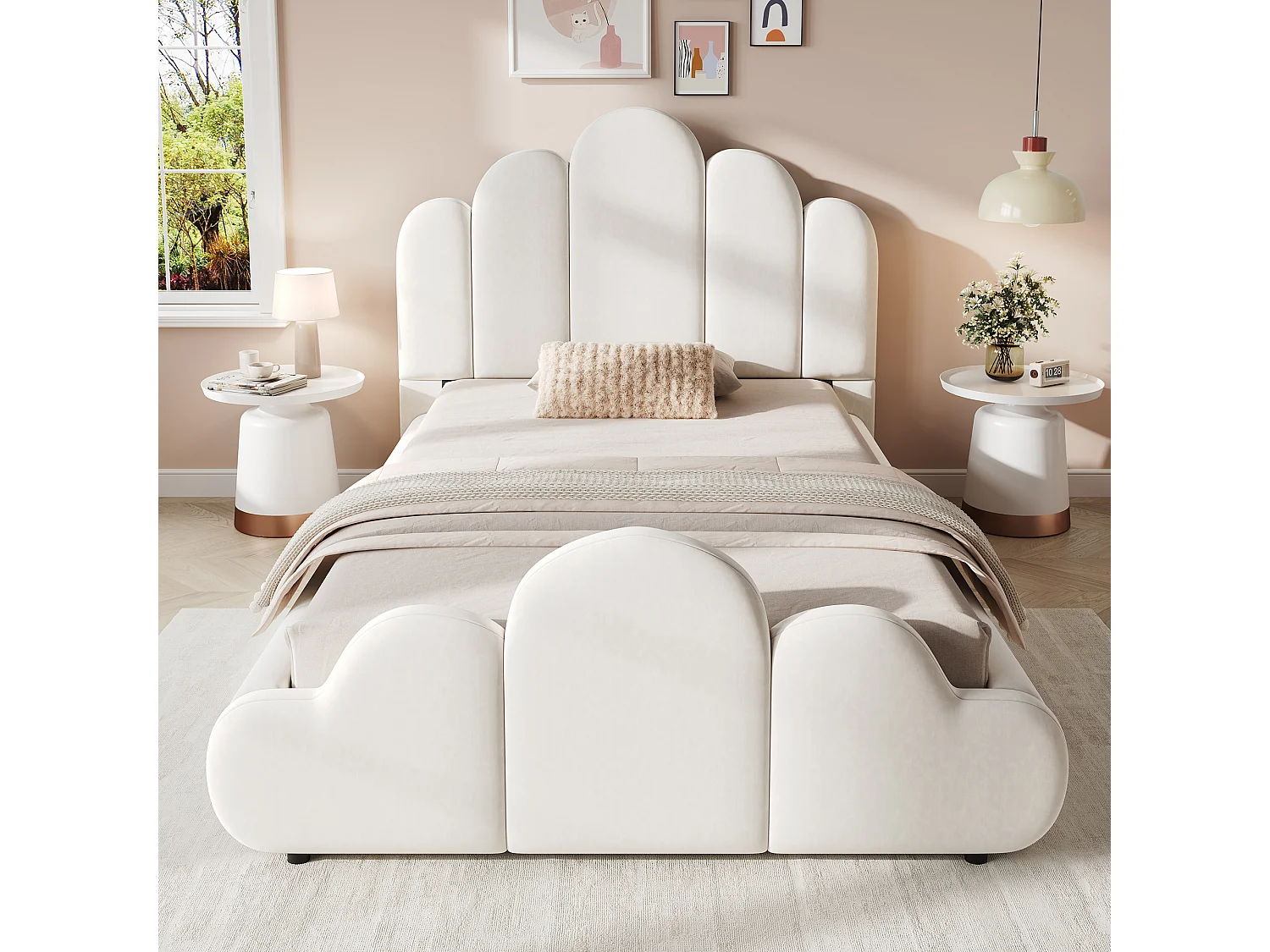 Lit enfant simple 90x200 cm avec tête de lit rembourrée, coins arrondis, velours beige