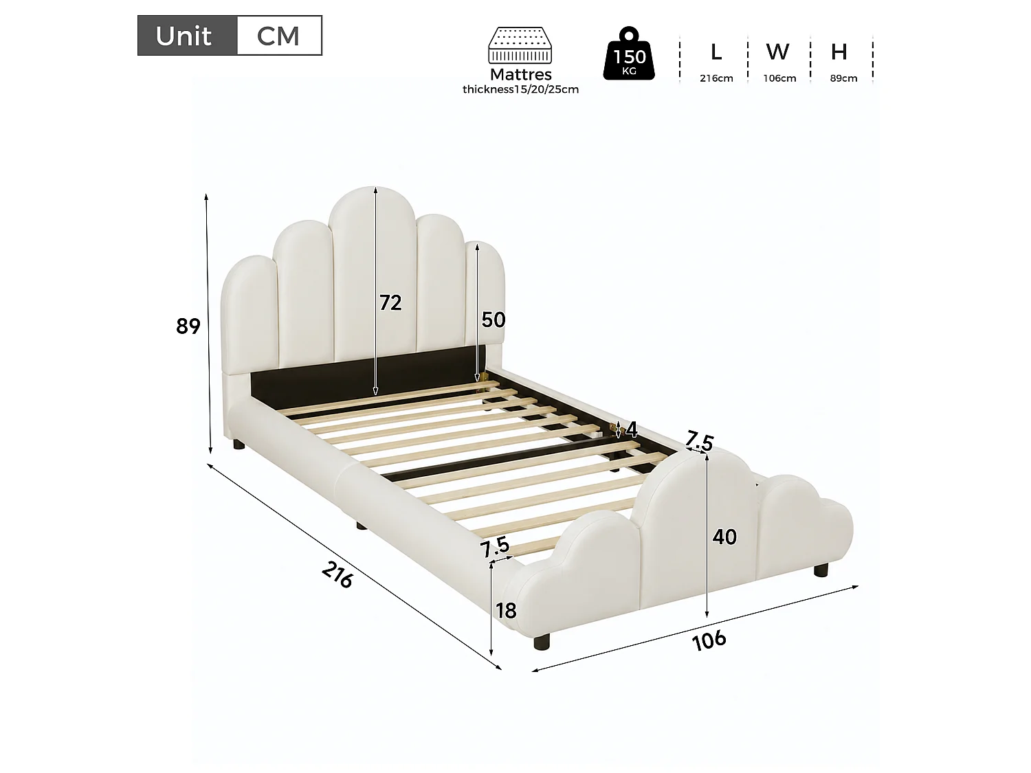 Lit enfant simple 90x200 cm avec tête de lit rembourrée, coins arrondis, velours beige