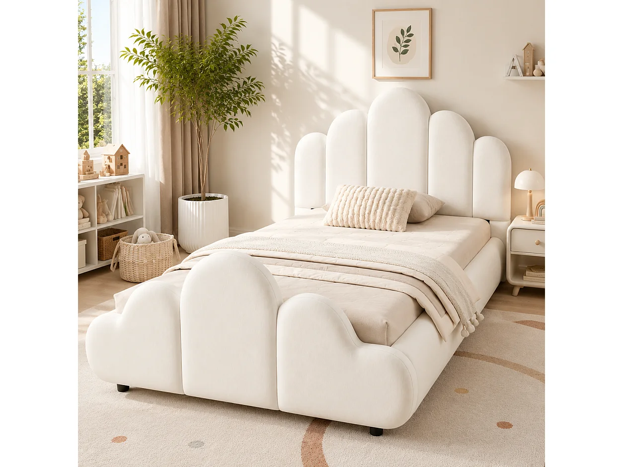 Lit enfant simple 90x200 cm avec tête de lit rembourrée, coins arrondis, velours beige