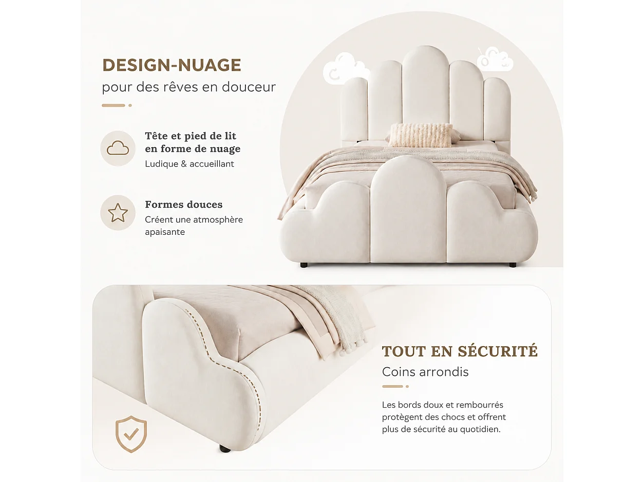 Lit enfant simple 90x200 cm avec tête de lit rembourrée, coins arrondis, velours beige