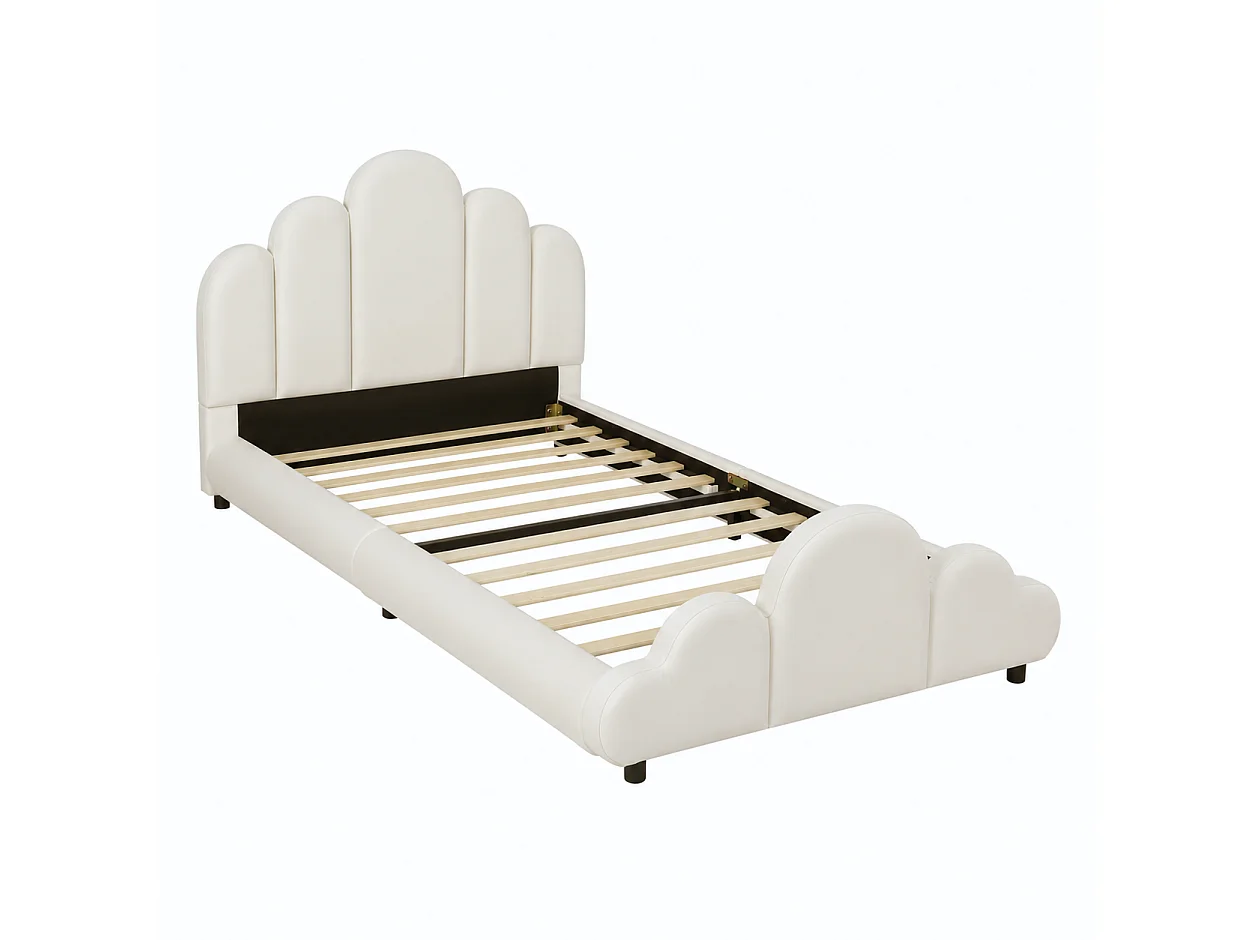 Lit enfant simple 90x200 cm avec tête de lit rembourrée, coins arrondis, velours beige
