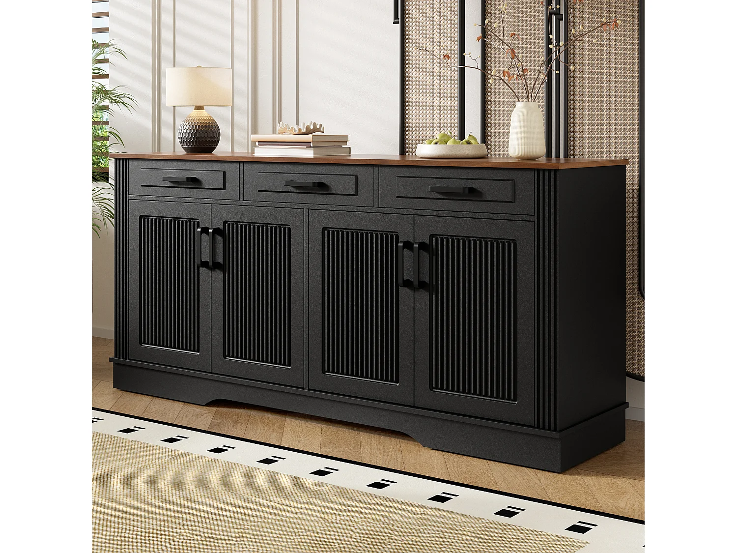Buffet bas 160x40x75 cm, 3 tiroirs, 4 portes, stries verticales 3D, entrée salon salle à manger, noir, MDF