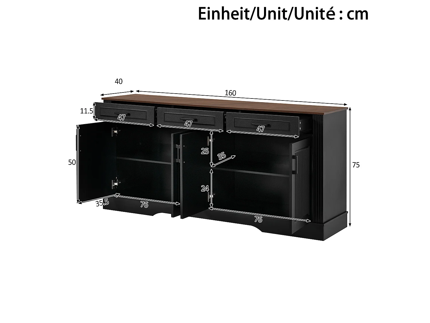 Buffet bas 160x40x75 cm, 3 tiroirs, 4 portes, stries verticales 3D, entrée salon salle à manger, noir, MDF
