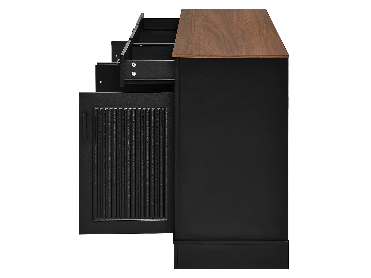 Buffet bas 160x40x75 cm, 3 tiroirs, 4 portes, stries verticales 3D, entrée salon salle à manger, noir, MDF