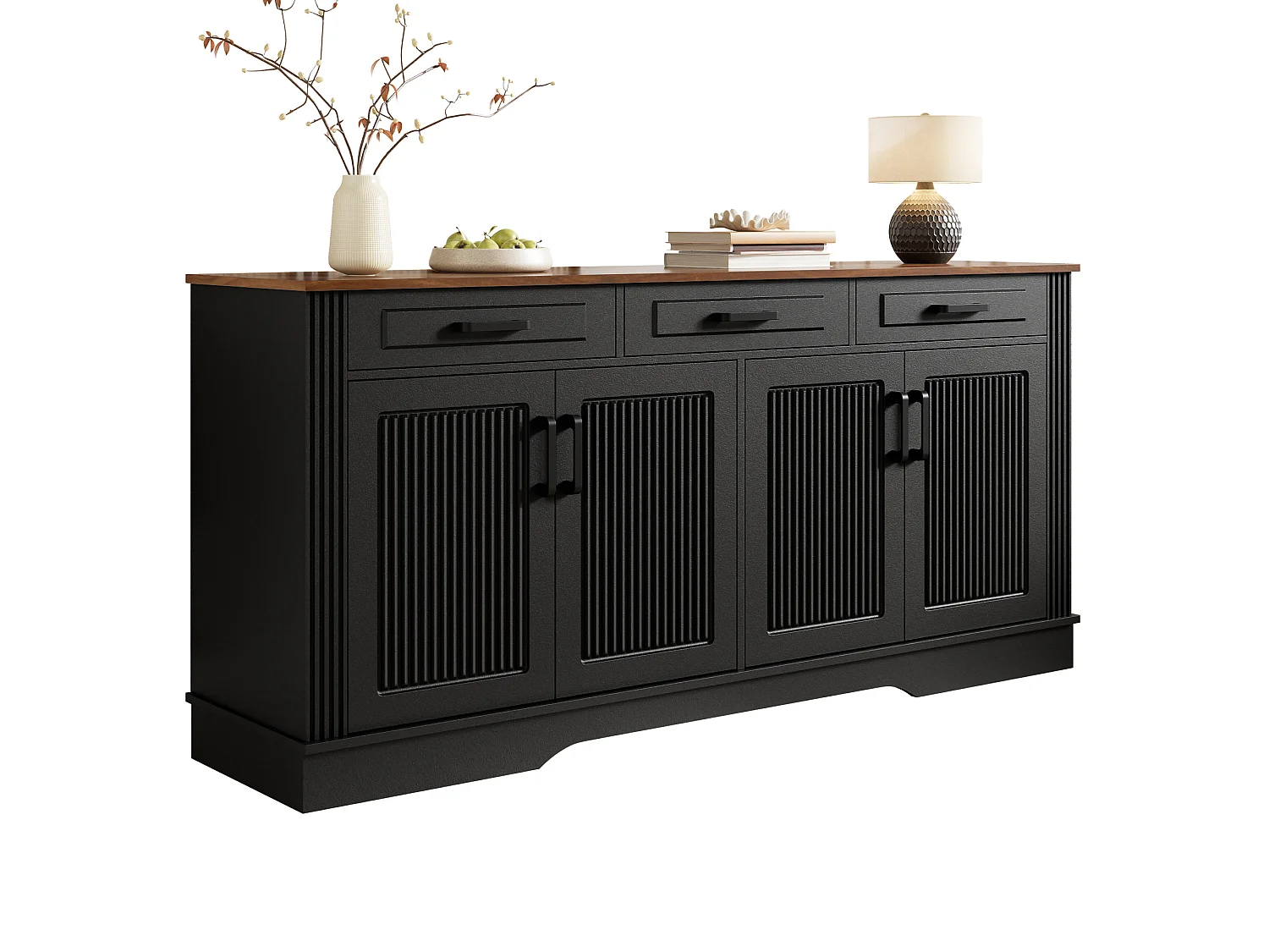 Buffet bas 160x40x75 cm, 3 tiroirs, 4 portes, stries verticales 3D, entrée salon salle à manger, noir, MDF