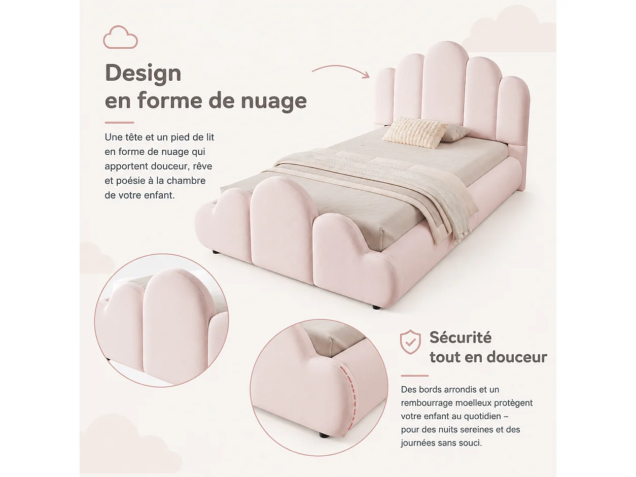 Lit enfant simple 90x200 cm avec tête de lit rembourrée, coins arrondis, velours rose