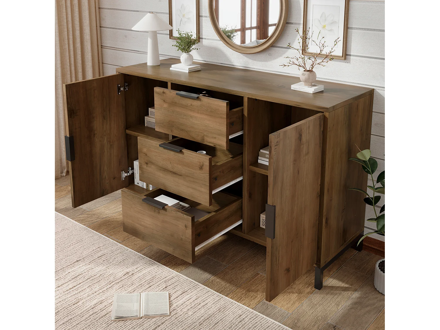 Buffet bas 120x40x76 cm, Commode avec 2 portes 3 tiroirs, étagère réglable, chambre salon, panneaux de particules, effet chêne foncé