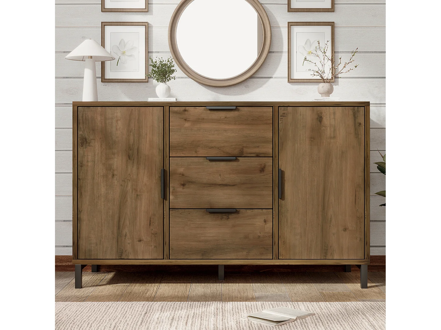 Buffet bas 120x40x76 cm, Commode avec 2 portes 3 tiroirs, étagère réglable, chambre salon, panneaux de particules, effet chêne foncé