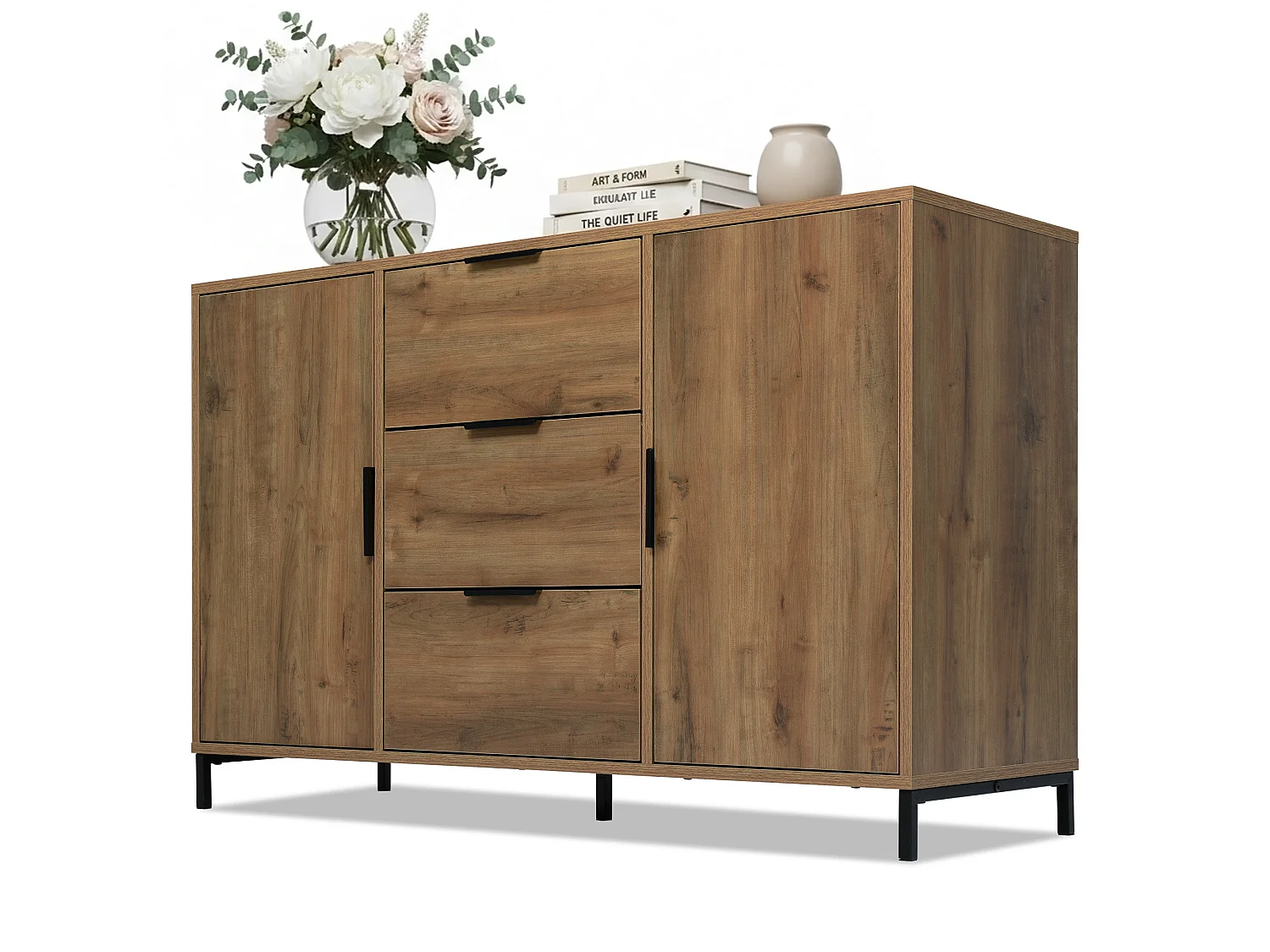 Buffet bas 120x40x76 cm, Commode avec 2 portes 3 tiroirs, étagère réglable, chambre salon, panneaux de particules, effet chêne foncé