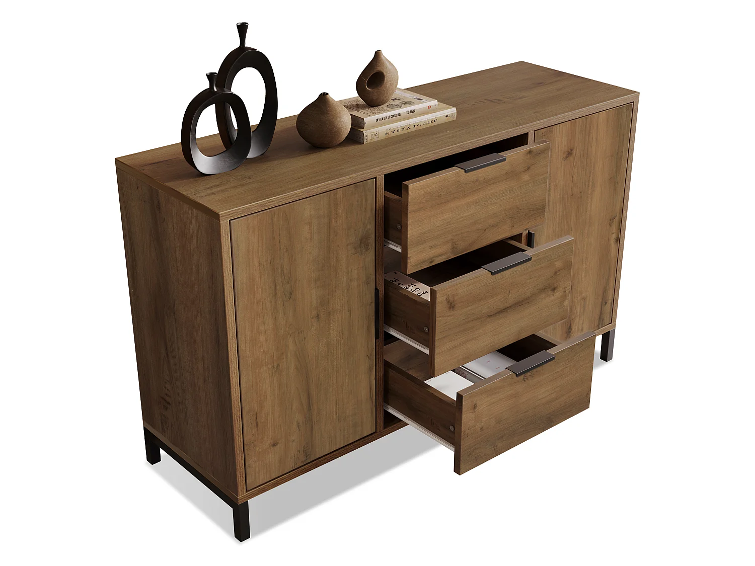 Buffet bas 120x40x76 cm, Commode avec 2 portes 3 tiroirs, étagère réglable, chambre salon, panneaux de particules, effet chêne foncé