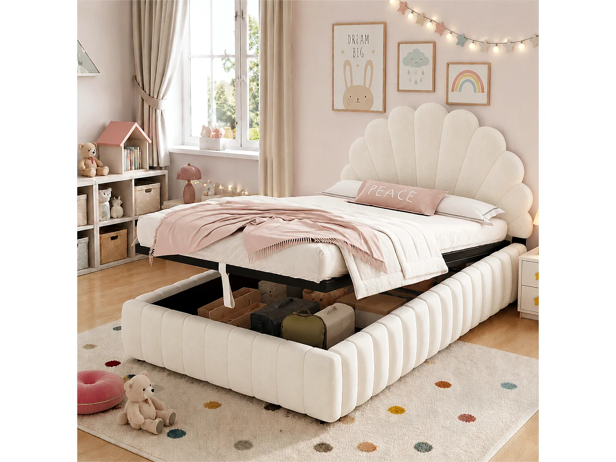 Lit coffre enfant 90x200 cm Lit simple avec coffre hydraulique, grand rangement, tissu velours beige