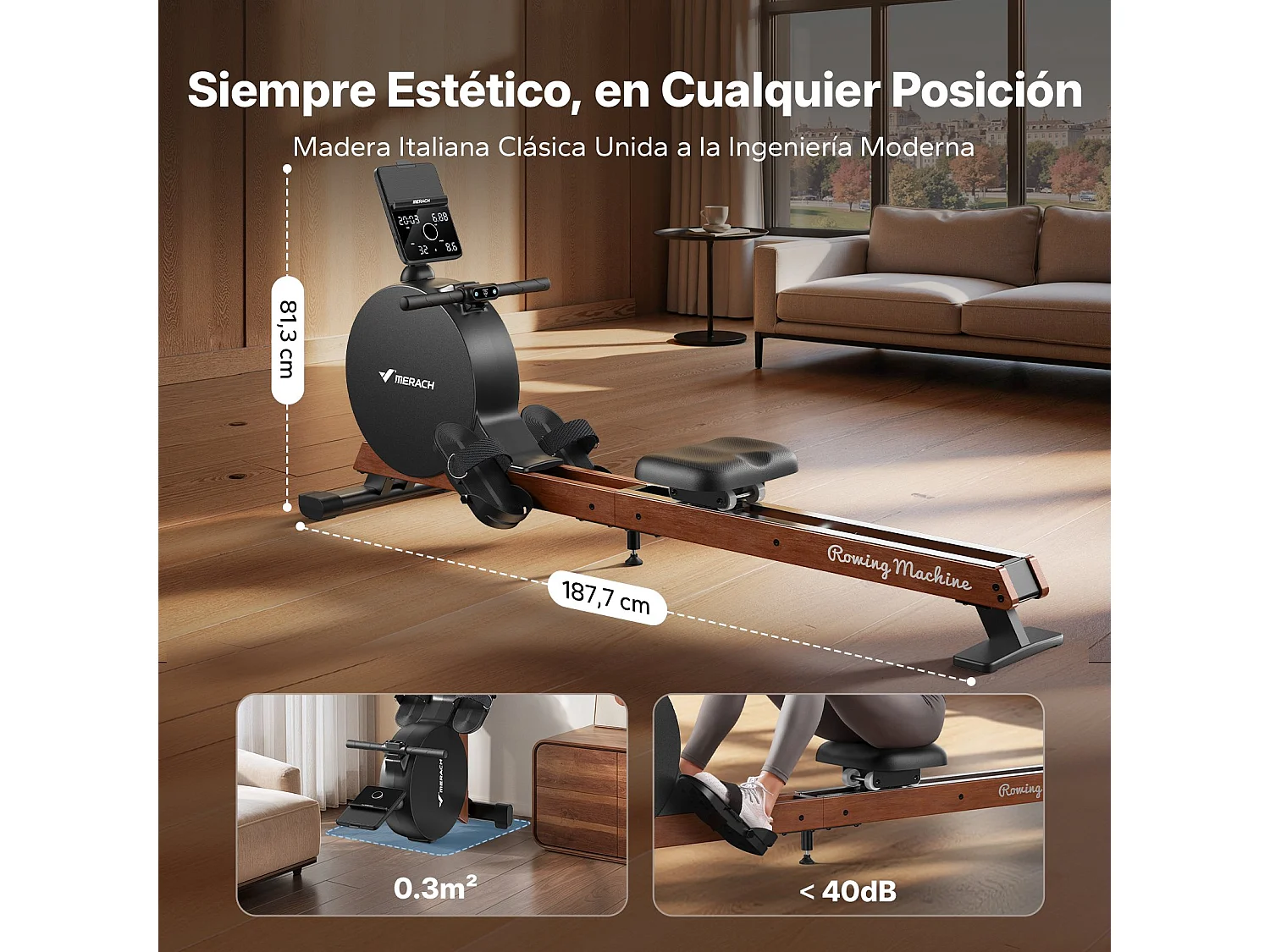 MERACH Roeitrainer van Echt Hout - Magnetische Weerstand 60kg - Zelfvoorzienend (Self-Powered) - Dubbele Rails - Automatische Weerstandaanpassing