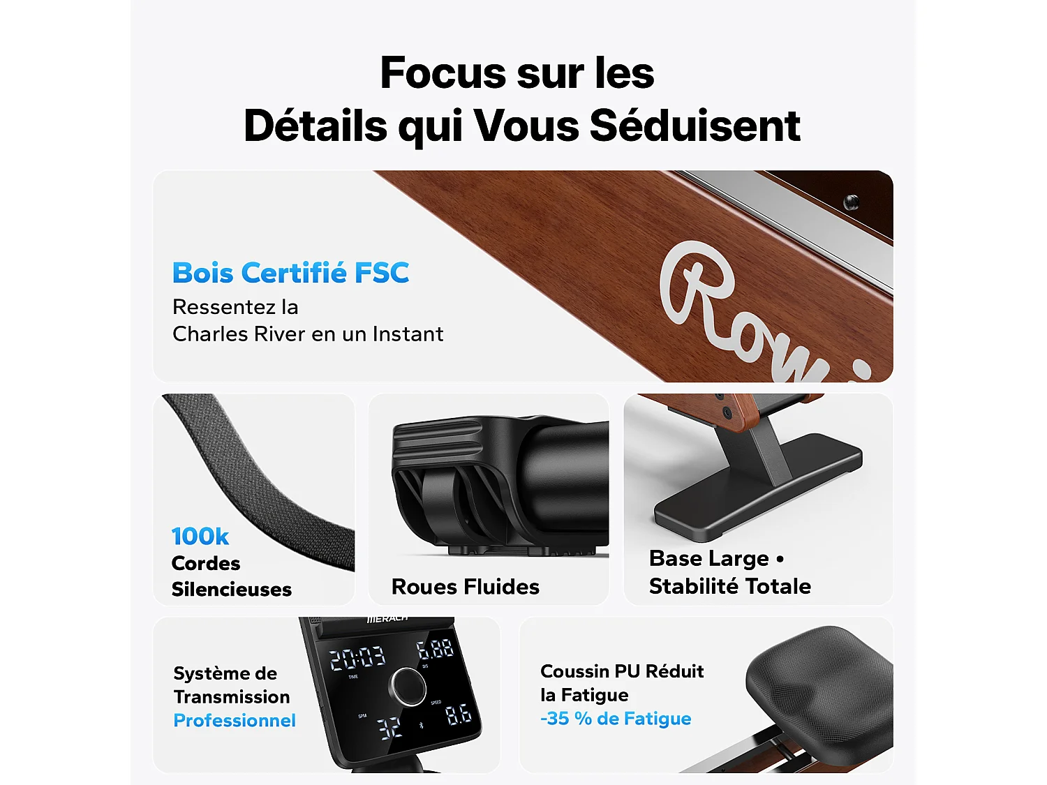 Máquina de Remo Electromagnética MERACH, 16 Niveles, Autogenerada, LED, Bluetooth/APP, Ajuste Manual e Inteligente, Rieles de Madera, para Casa