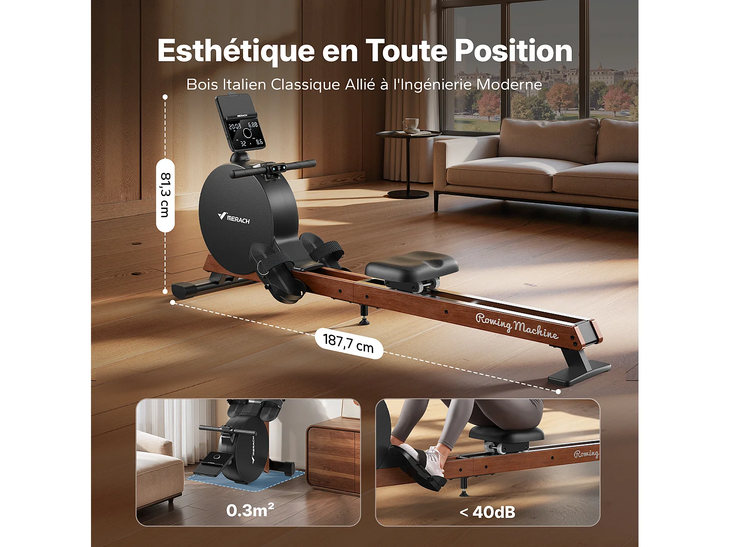 Máquina de Remo Electromagnética MERACH, 16 Niveles, Autogenerada, LED, Bluetooth/APP, Ajuste Manual e Inteligente, Rieles de Madera, para Casa