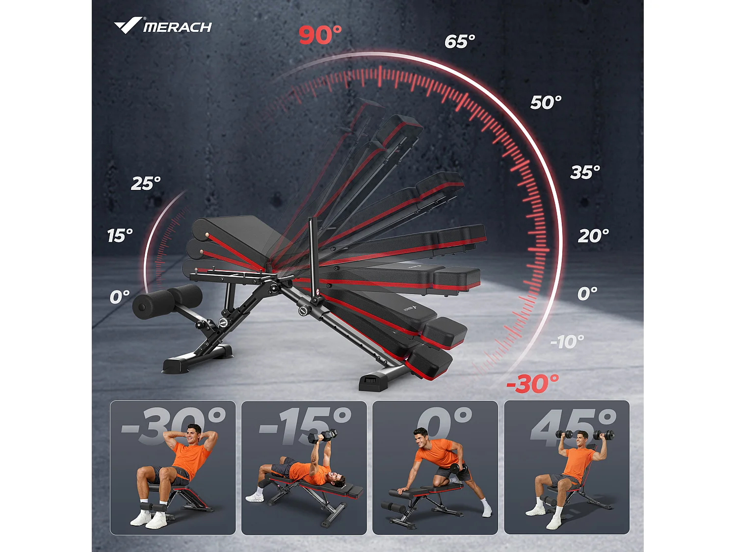 Banco de pesas plegable MERACH, 108 posiciones de entrenamiento, respaldo extendido con reposacabezas, para uso en gimnasio doméstico, capacidad 450kg
