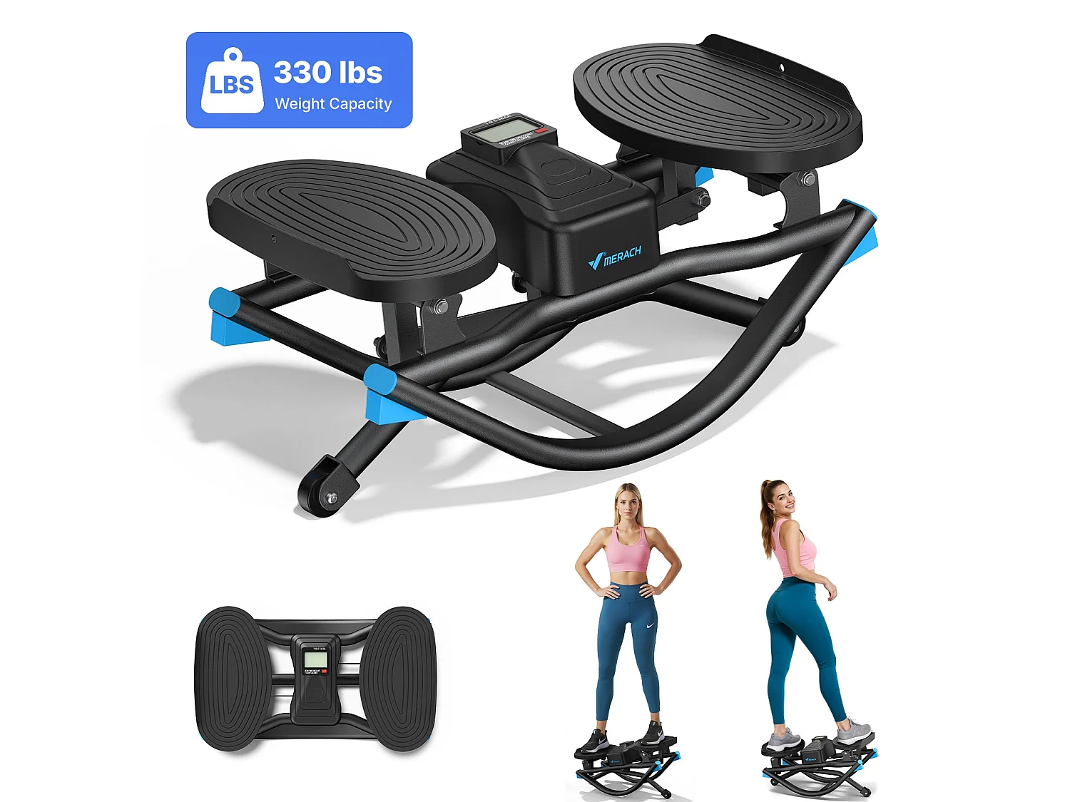 MERACH Side Stepper met Weerstandsbanden - 3D Twist Stepper - Max 150kg Belastbaar - Inclusief LCD-Display - Fitness Mini Stepper Thuis