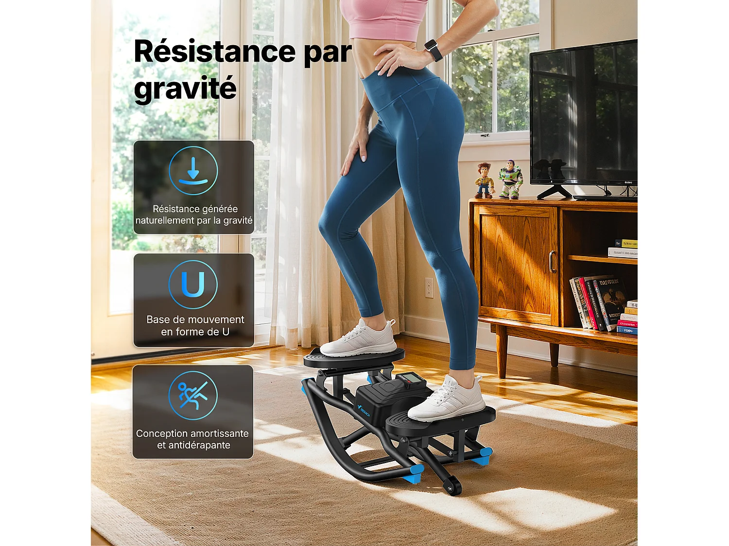 Stepper en forma de U de MERACH con LCD y cordones elásticos, de bajo impacto, diseño compacto y silencioso, pedales antideslizantes, hasta 150 kg