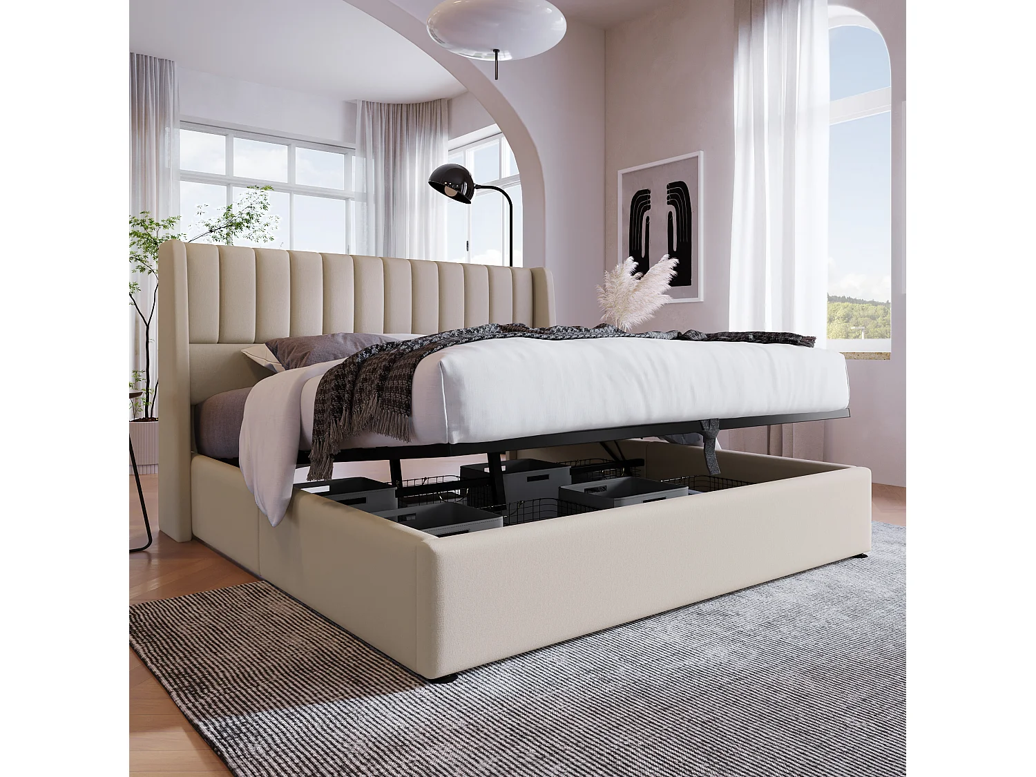 Lit coffre rembourré 180x200 cm, lit double hydraulique avec sommier à lattes, Gain de Place, cadre métal et bois, lin, beige