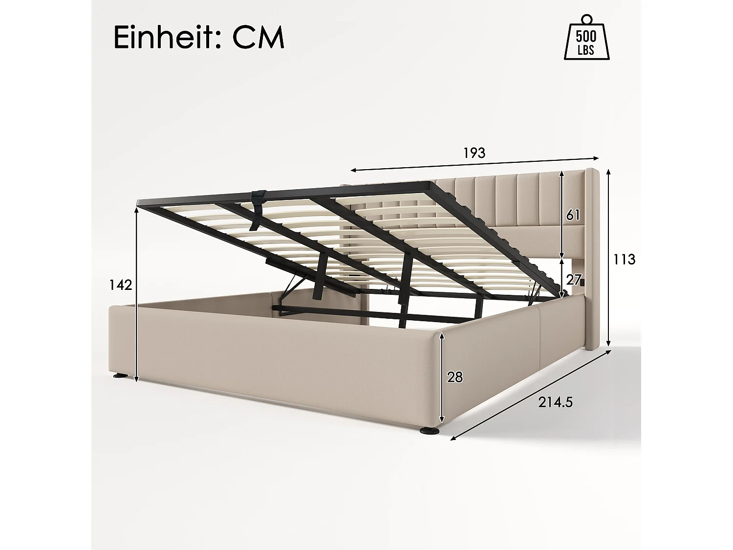 Lit coffre rembourré 180x200 cm, lit double hydraulique avec sommier à lattes, Gain de Place, cadre métal et bois, lin, beige