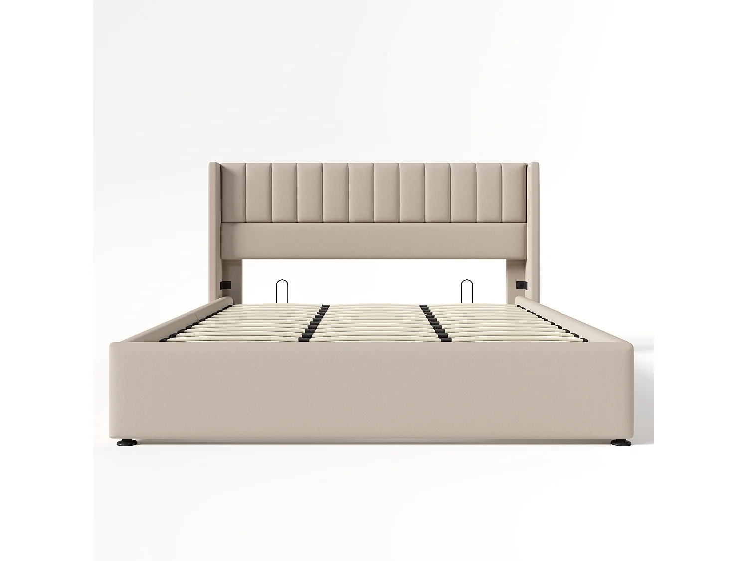 Lit coffre rembourré 180x200 cm, lit double hydraulique avec sommier à lattes, Gain de Place, cadre métal et bois, lin, beige