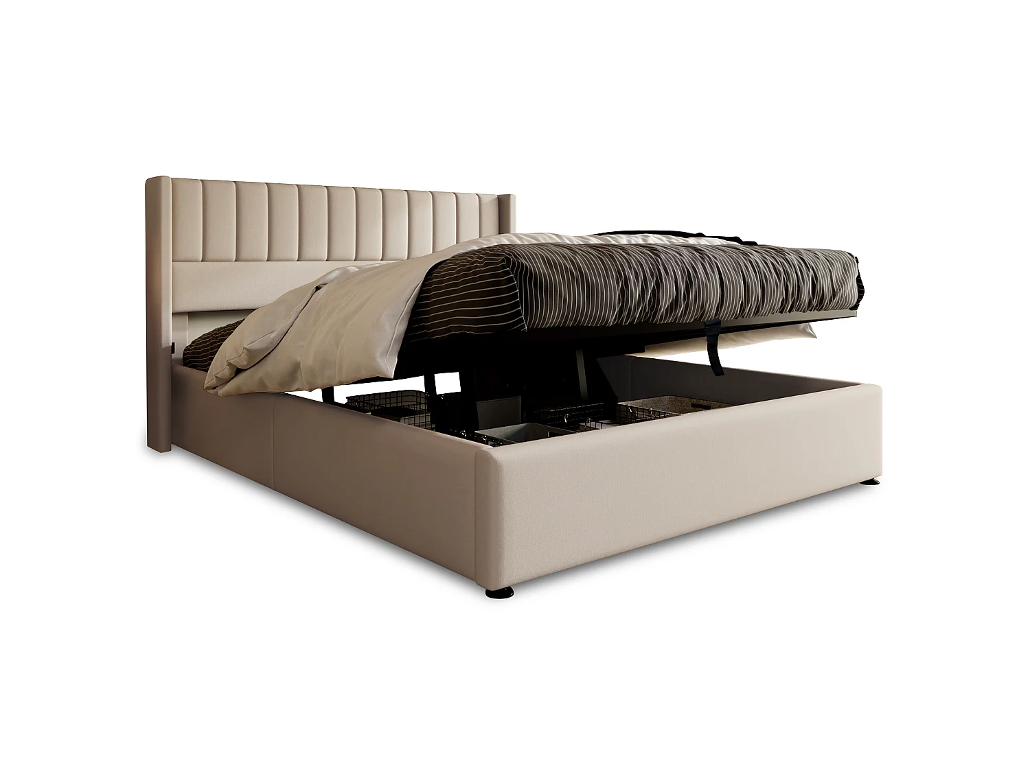 Lit coffre rembourré 180x200 cm, lit double hydraulique avec sommier à lattes, Gain de Place, cadre métal et bois, lin, beige