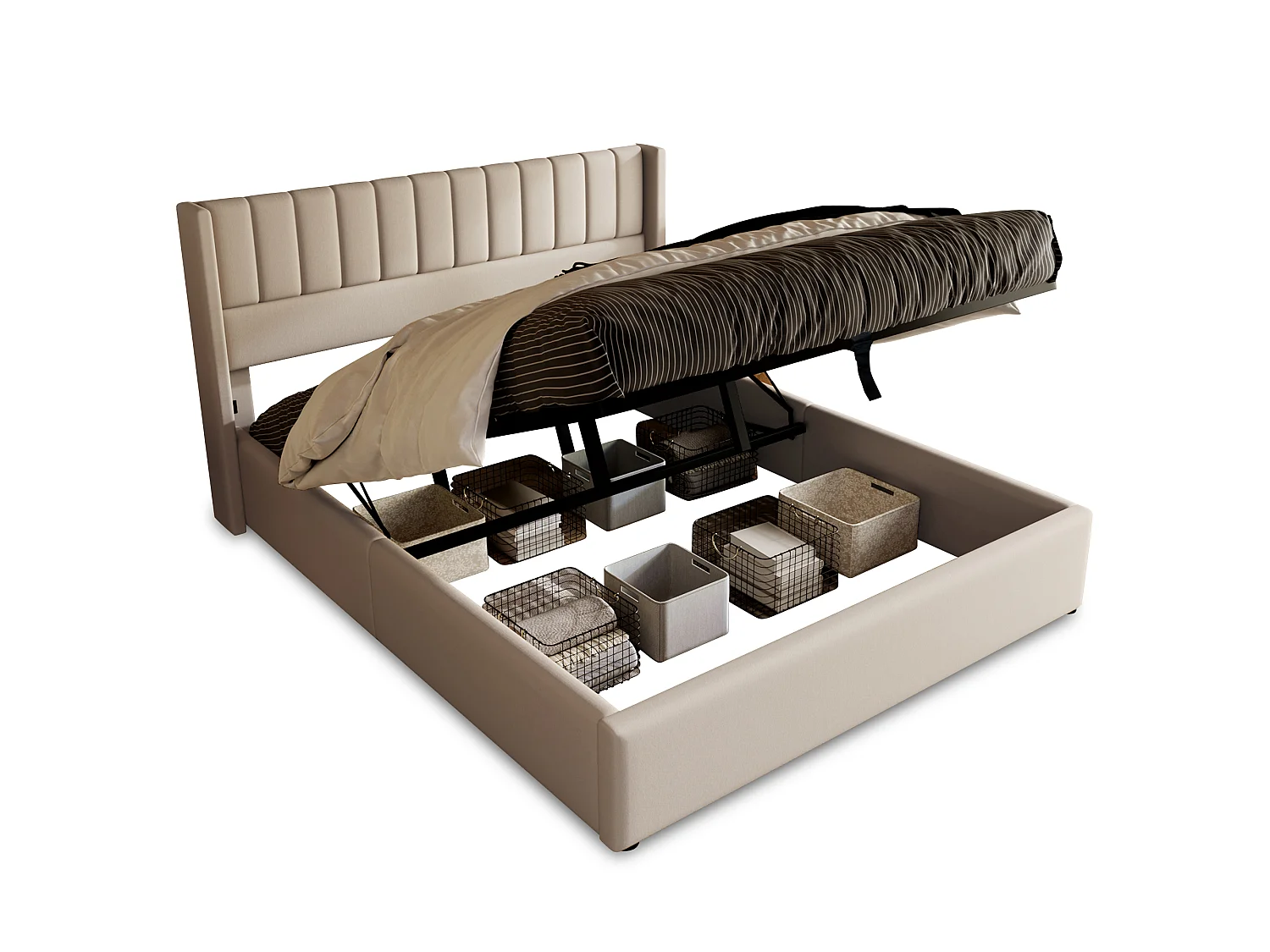 Lit coffre rembourré 180x200 cm, lit double hydraulique avec sommier à lattes, Gain de Place, cadre métal et bois, lin, beige