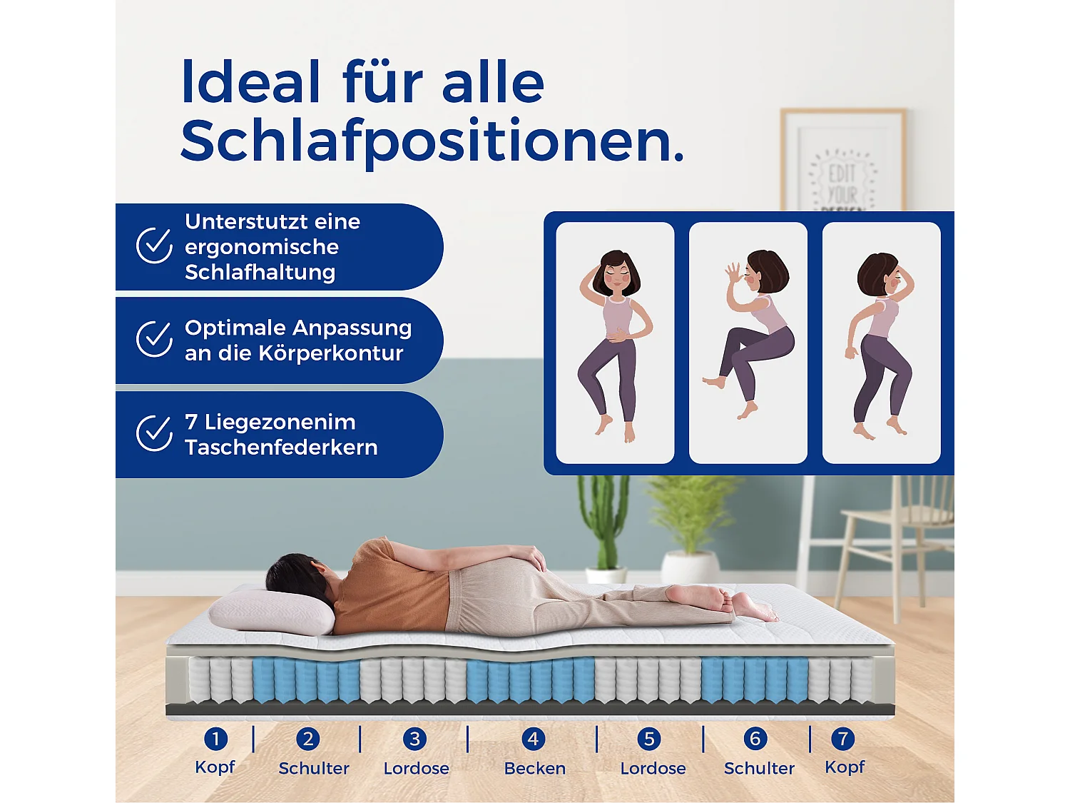 Matelas 90x200 cm, matelas 1 personne ferme H3, ressorts ensachés, 7 zones de confort, 20 cm, certifié OEKO-TEX, blanc