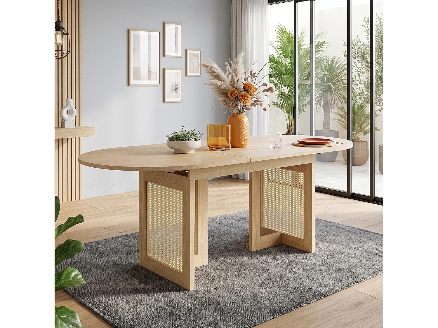 Table à manger extensible 160-200 x 90x75 cm 6-8 personnes - Table de cuisine avec pieds en rotin et coins arrondis - chêne