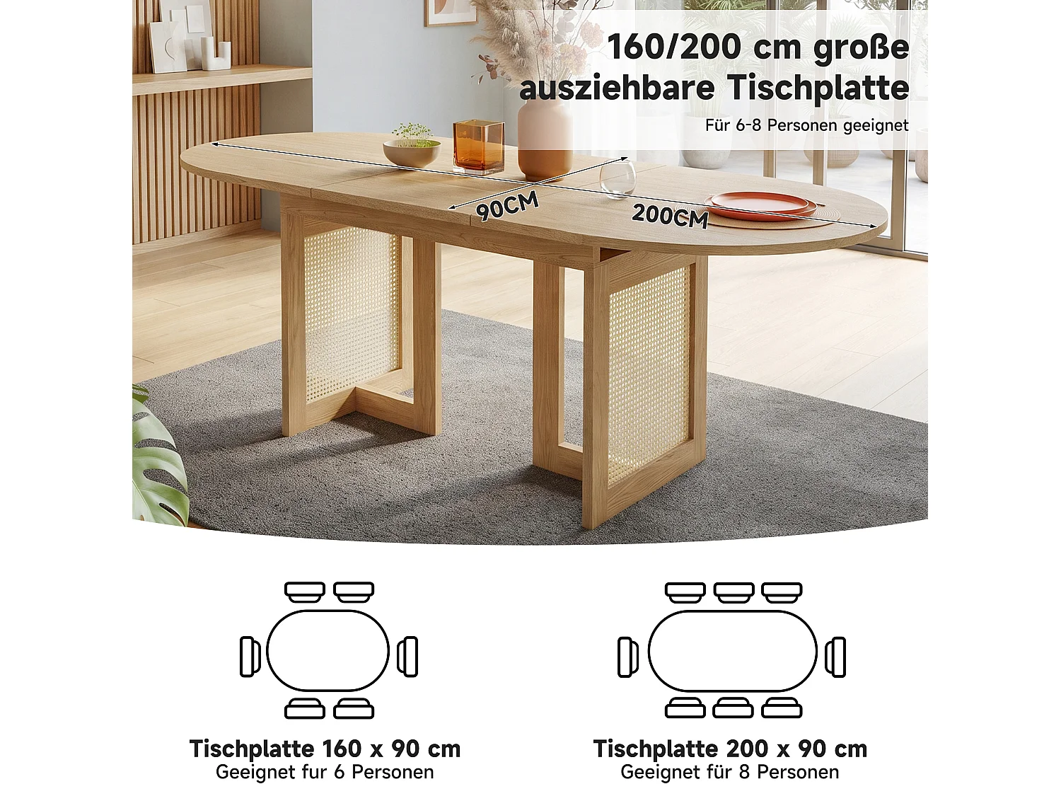 Table à manger extensible 160-200 x 90x75 cm 6-8 personnes - Table de cuisine avec pieds en rotin et coins arrondis - chêne