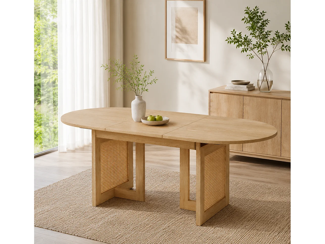 Table à manger extensible 160-200 x 90x75 cm 6-8 personnes - Table de cuisine avec pieds en rotin et coins arrondis - chêne