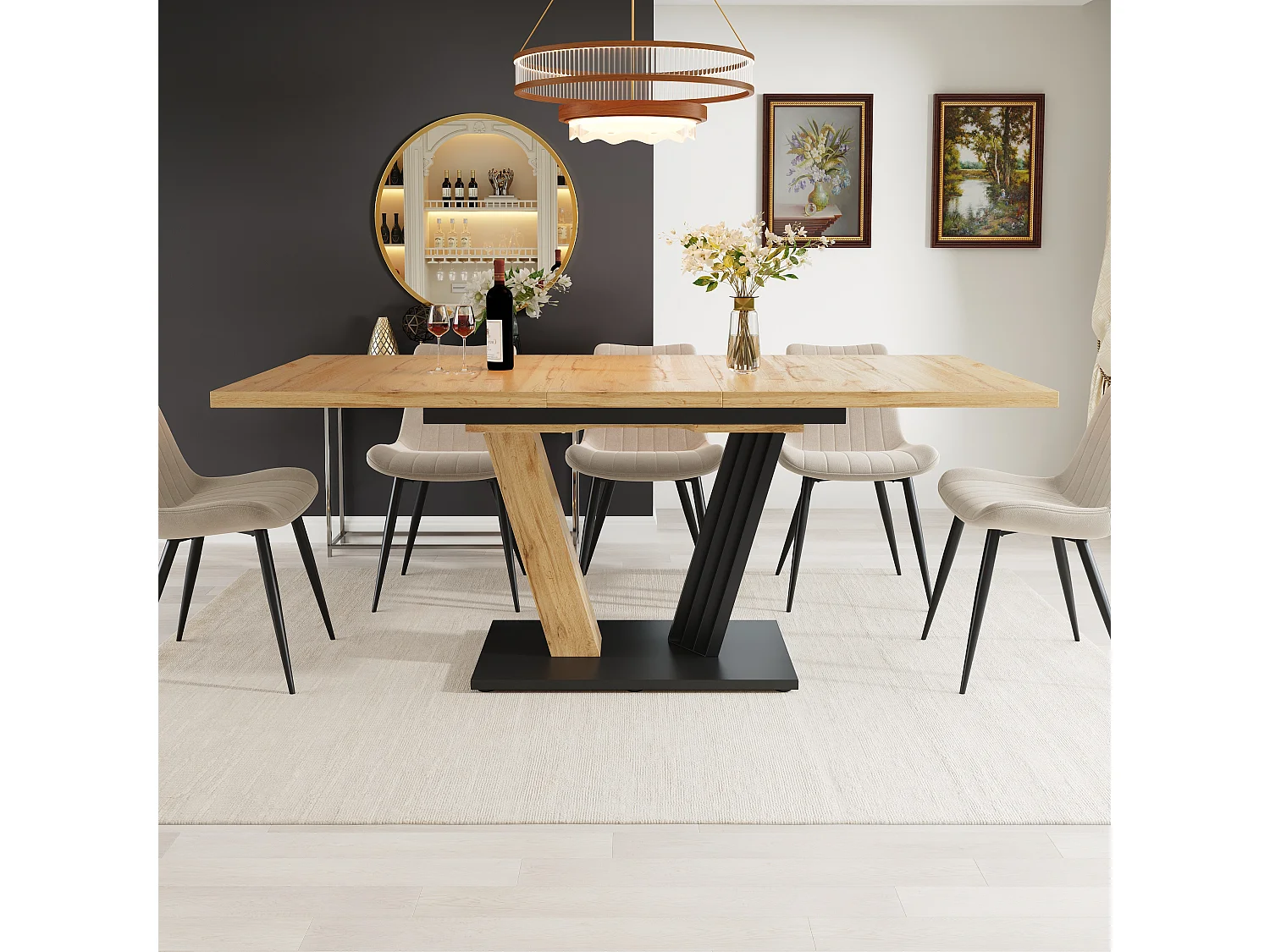 Table à manger extensible 120-160x80x76 cm, table de cuisine effet bois avec pieds en forme d’aile, MDF, bois